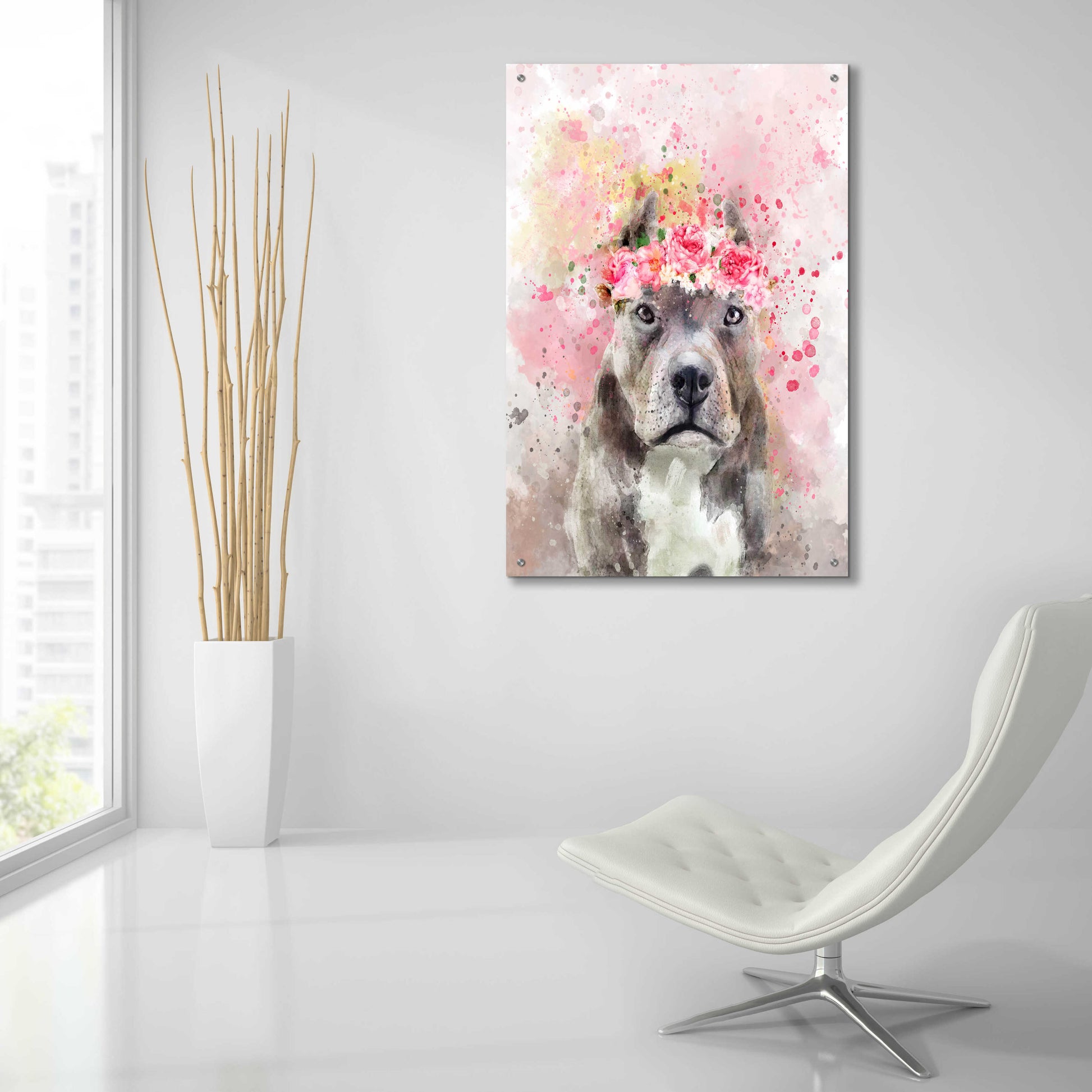 Epic Art 'Flower Crown Pit Bull' by Furbaby Affiliates, Acrylic Glass Wall Art,24x36