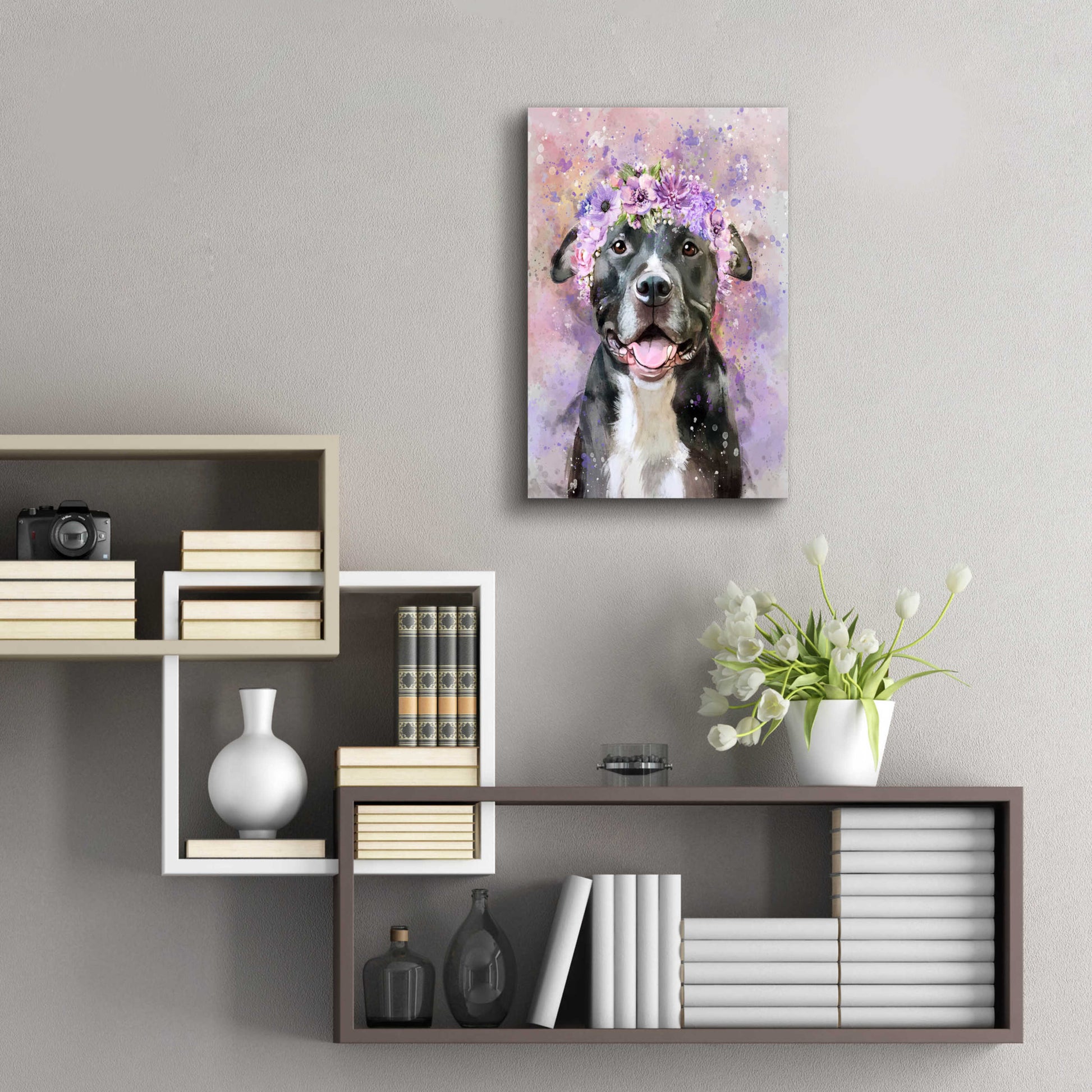 Epic Art 'Flower Crown Pit Bull 6' by Furbaby Affiliates, Acrylic Glass Wall Art,16x24