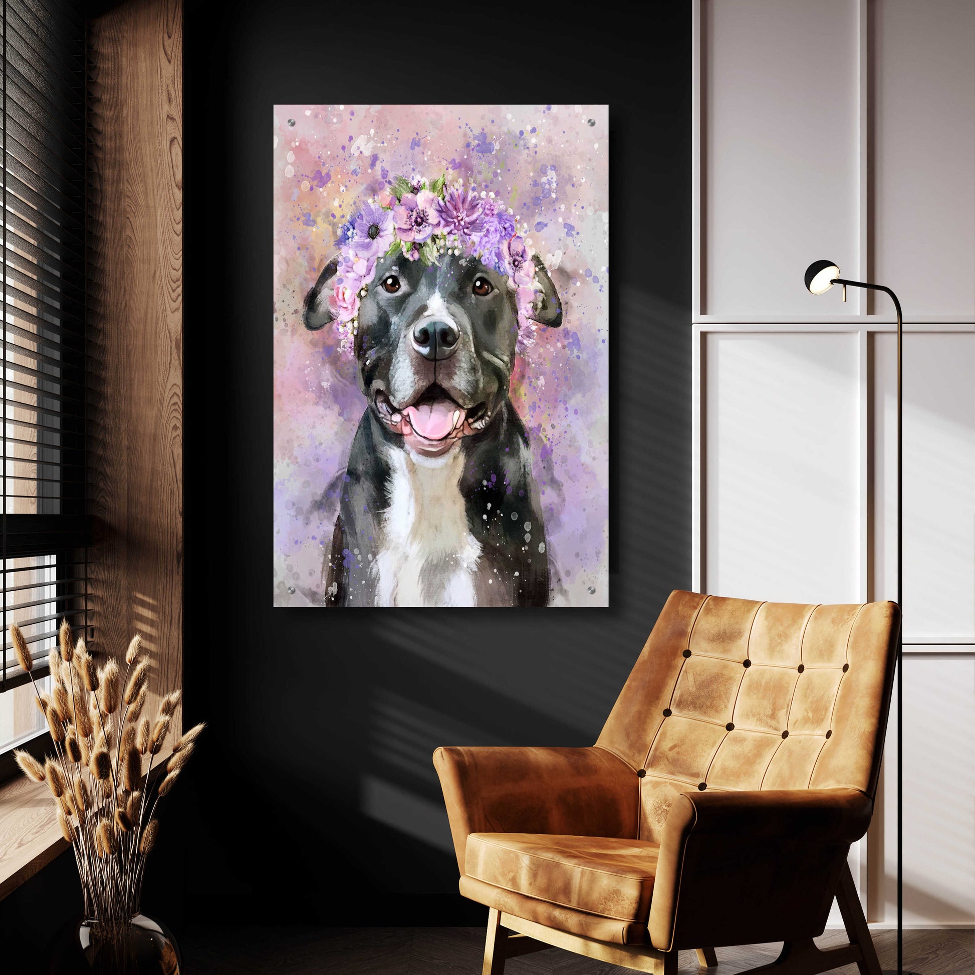 Epic Art 'Flower Crown Pit Bull 6' by Furbaby Affiliates, Acrylic Glass Wall Art,24x36