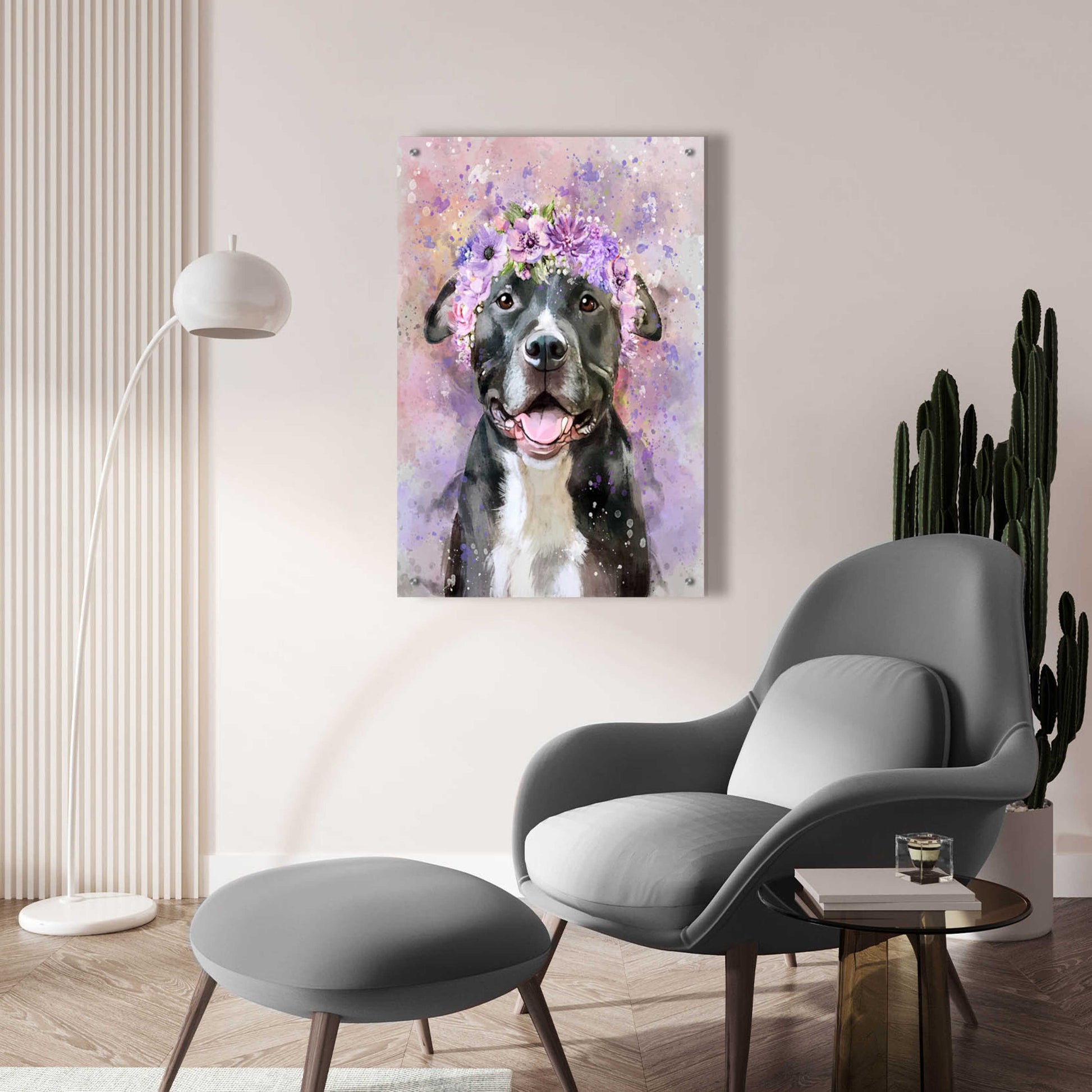 Epic Art 'Flower Crown Pit Bull 6' by Furbaby Affiliates, Acrylic Glass Wall Art,24x36