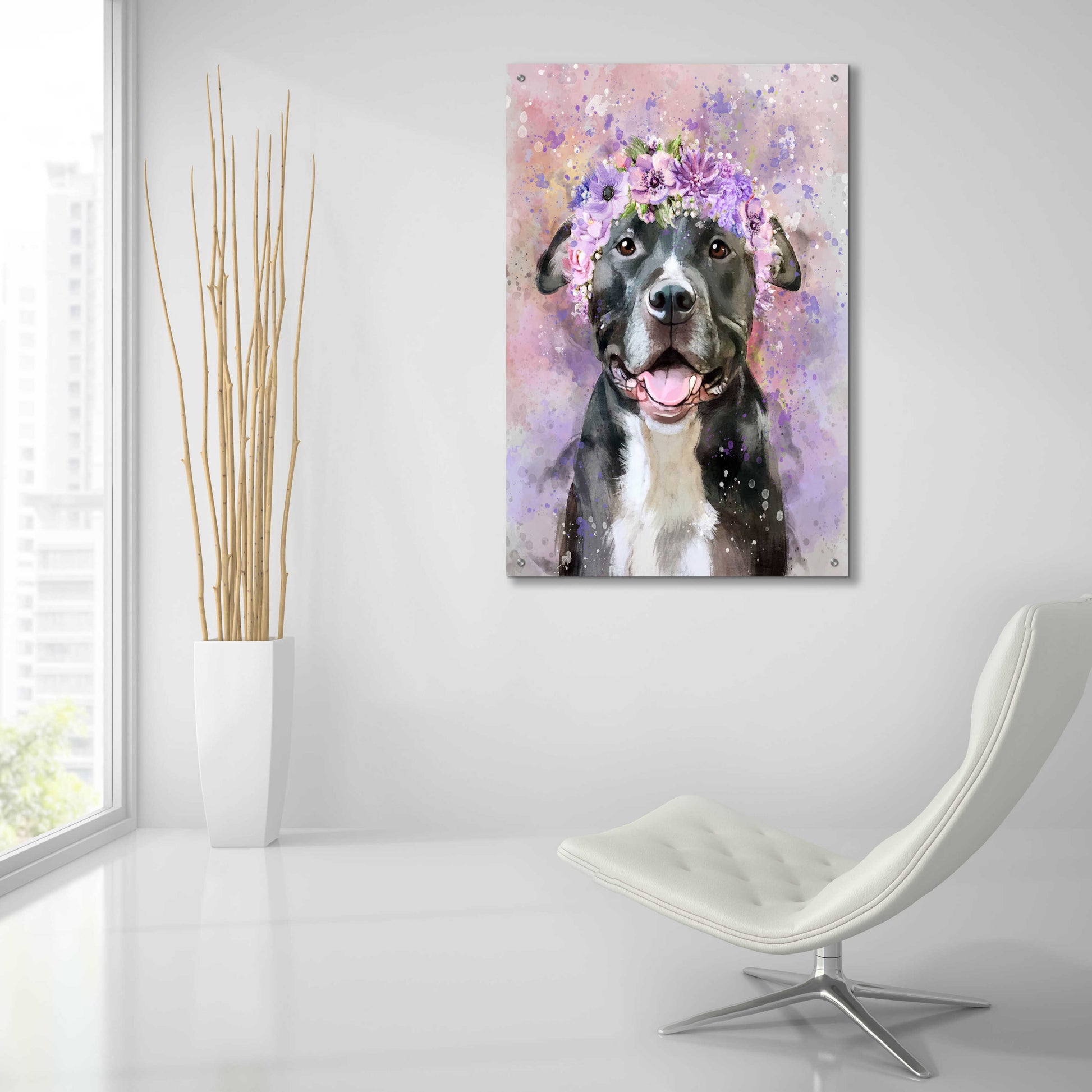 Epic Art 'Flower Crown Pit Bull 6' by Furbaby Affiliates, Acrylic Glass Wall Art,24x36