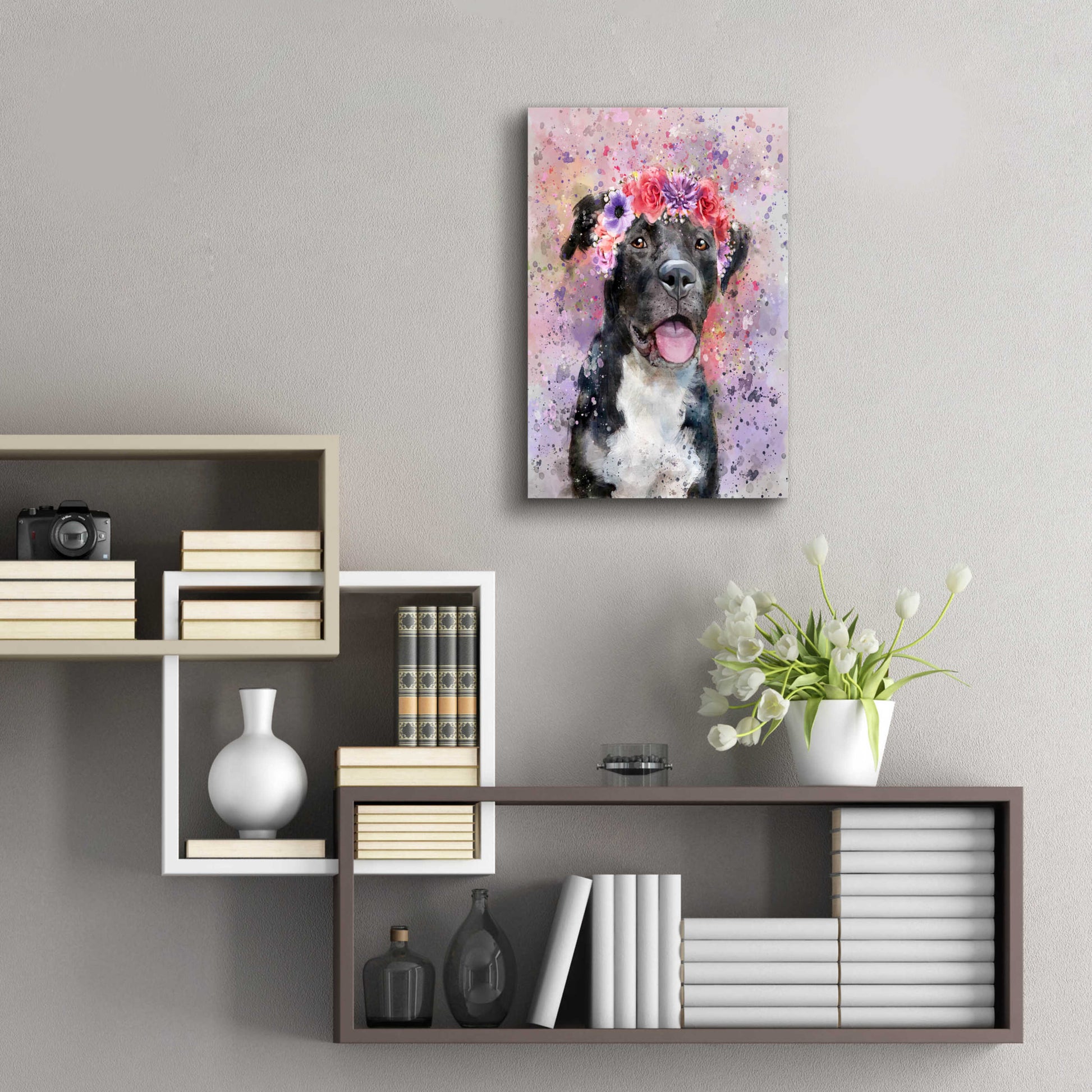 Epic Art 'Flower Crown Pit Bull 4' by Furbaby Affiliates, Acrylic Glass Wall Art,16x24