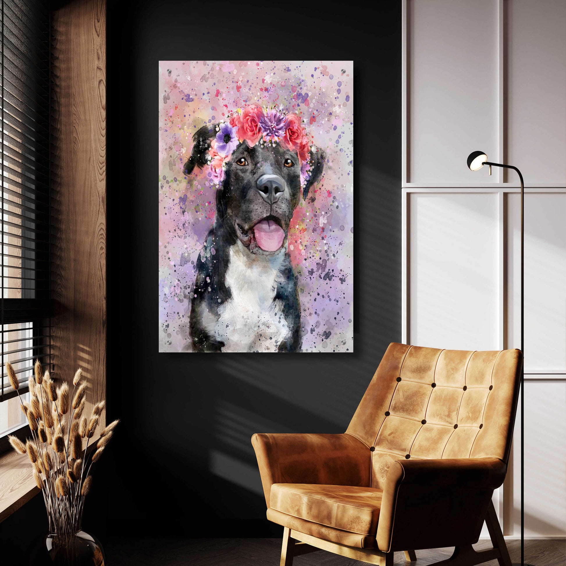 Epic Art 'Flower Crown Pit Bull 4' by Furbaby Affiliates, Acrylic Glass Wall Art,24x36