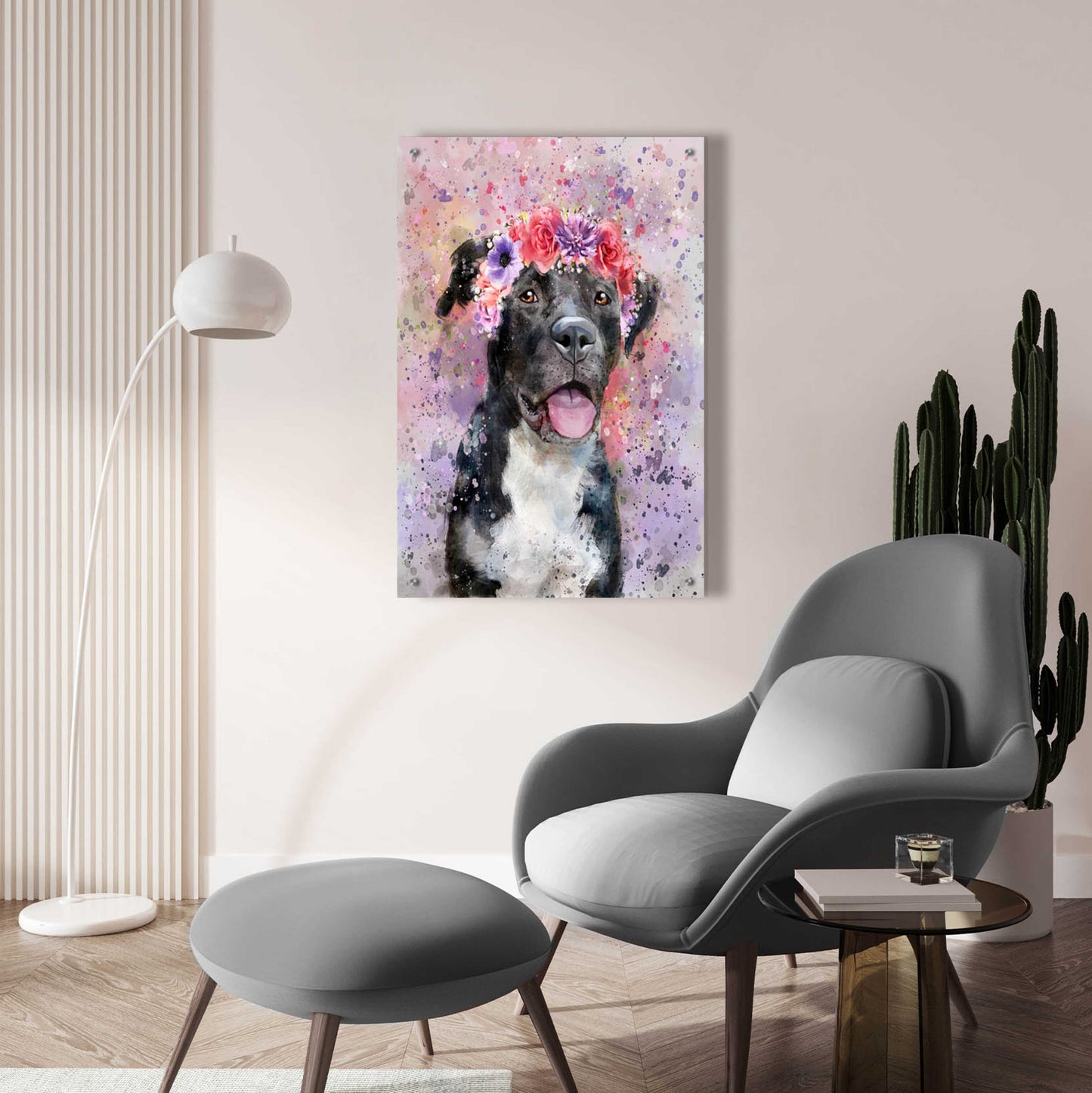 Epic Art 'Flower Crown Pit Bull 4' by Furbaby Affiliates, Acrylic Glass Wall Art,24x36