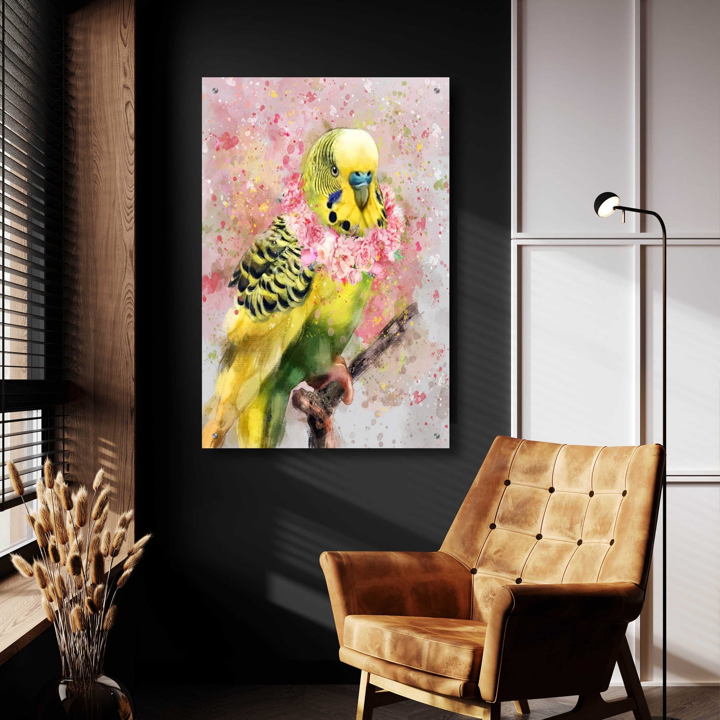 Epic Art 'Flower Crown Parakeet' by Furbaby Affiliates, Acrylic Glass Wall Art,24x36