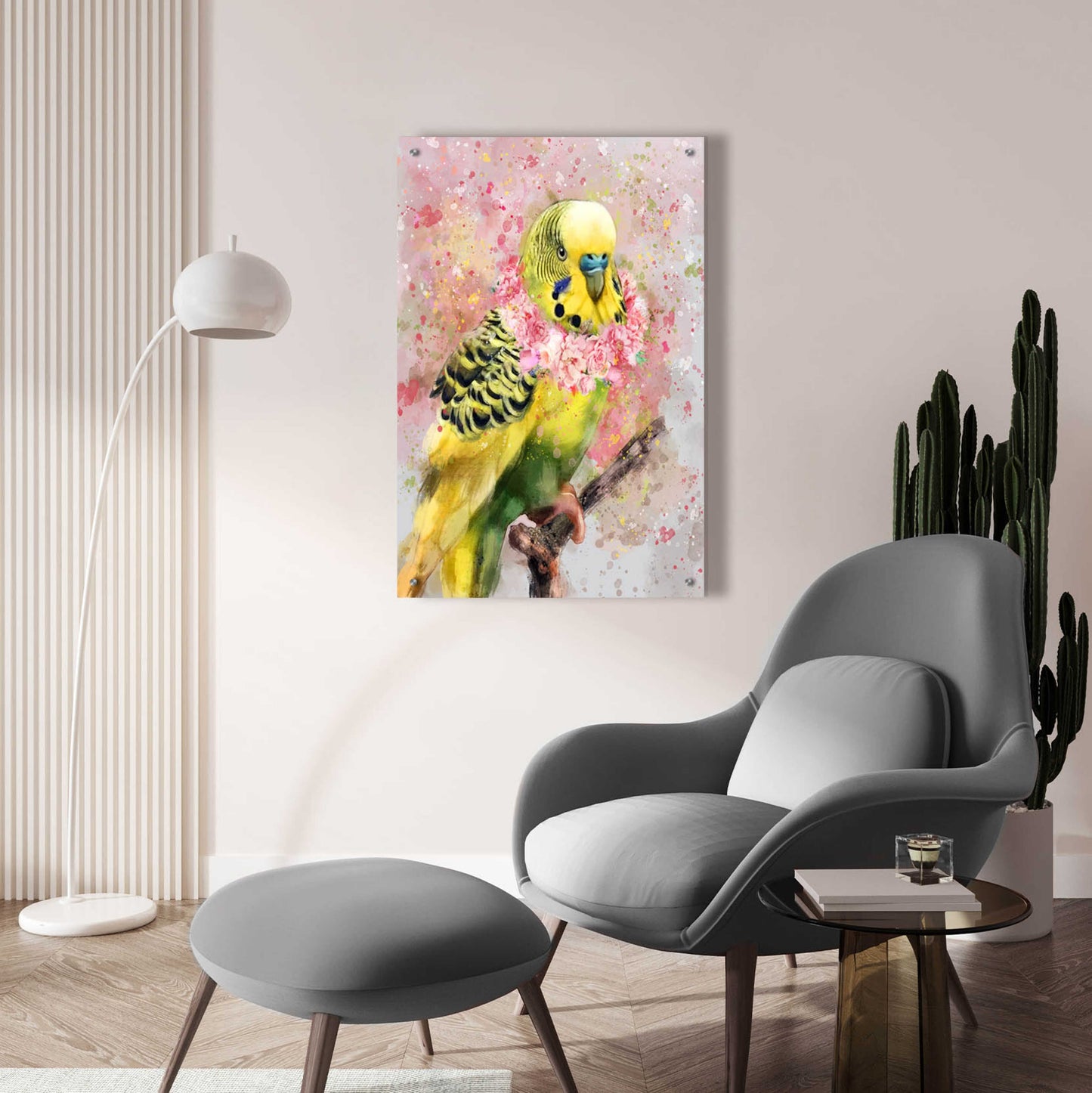 Epic Art 'Flower Crown Parakeet' by Furbaby Affiliates, Acrylic Glass Wall Art,24x36