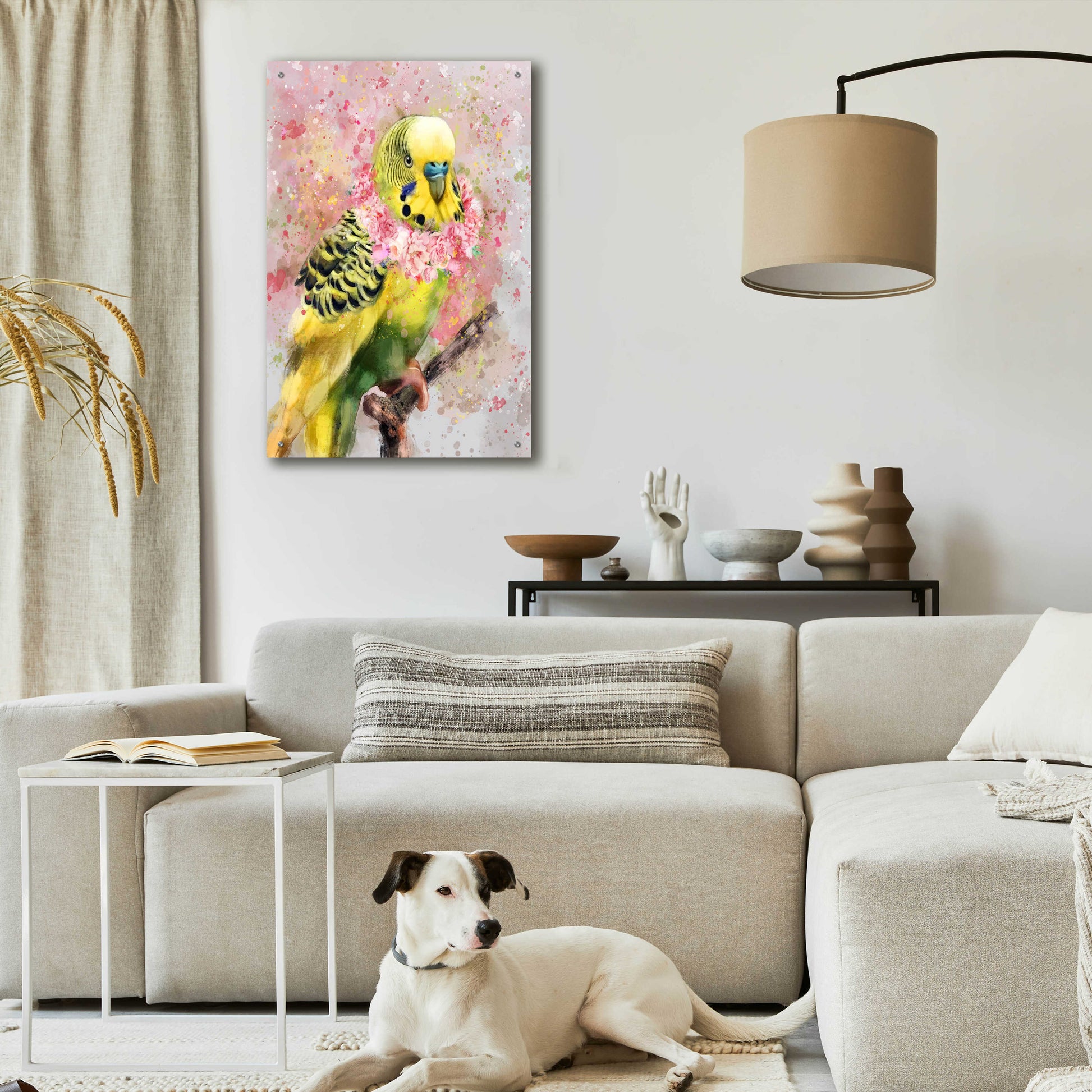 Epic Art 'Flower Crown Parakeet' by Furbaby Affiliates, Acrylic Glass Wall Art,24x36