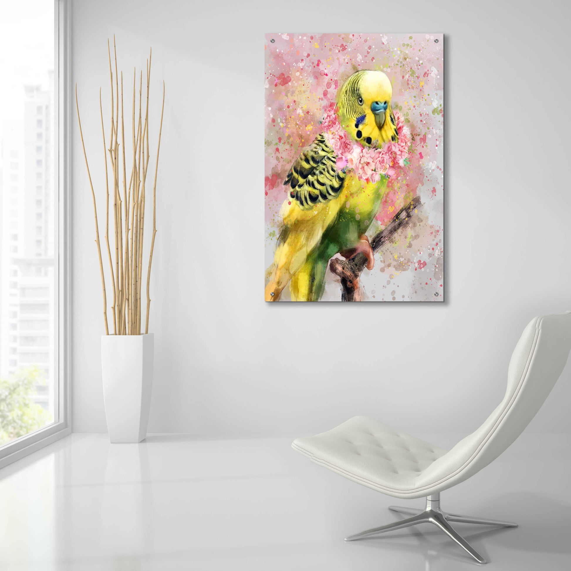 Epic Art 'Flower Crown Parakeet' by Furbaby Affiliates, Acrylic Glass Wall Art,24x36