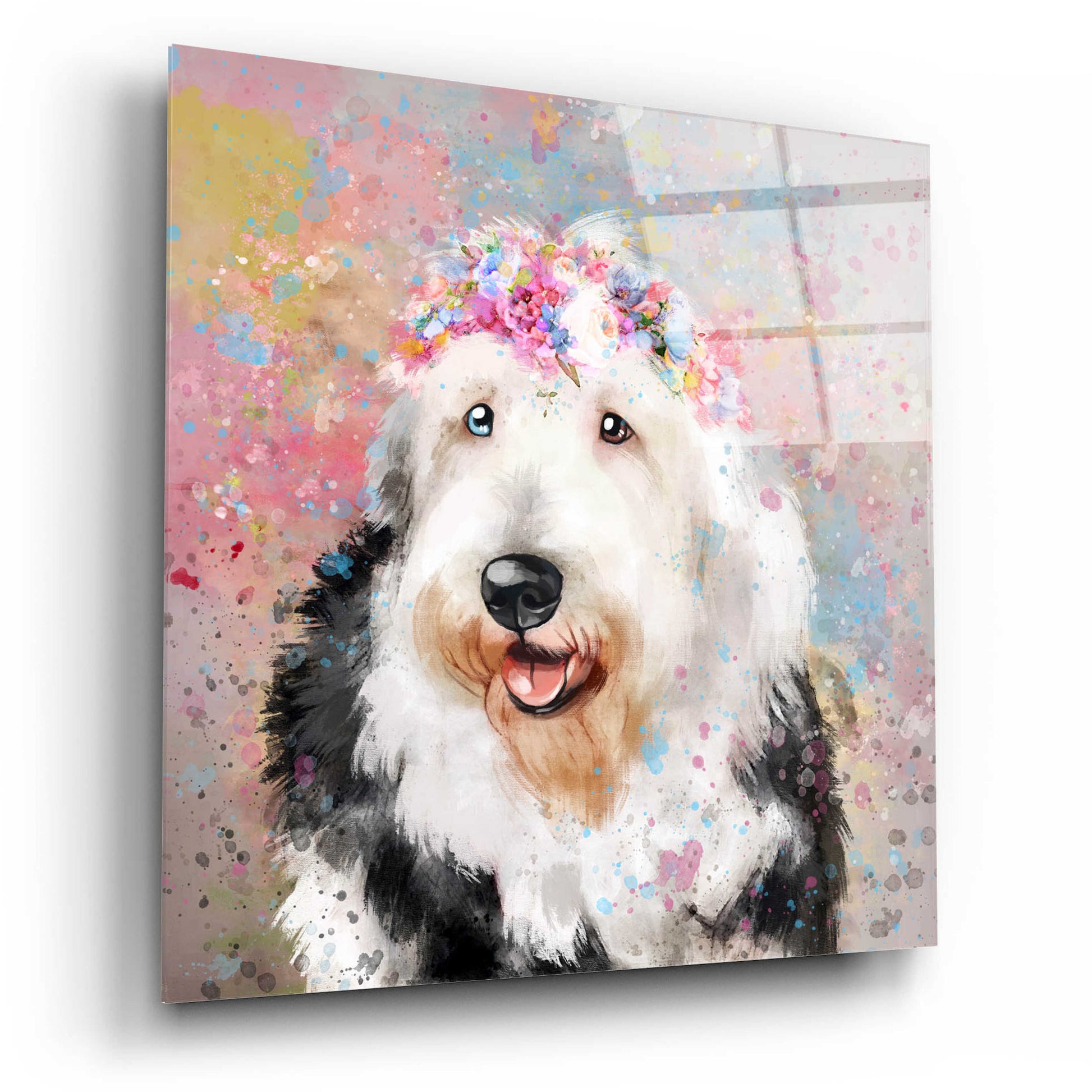 Epic Art 'Flower Crown Old English Sheepdog' by Furbaby Affiliates, Acrylic Glass Wall Art,12x12