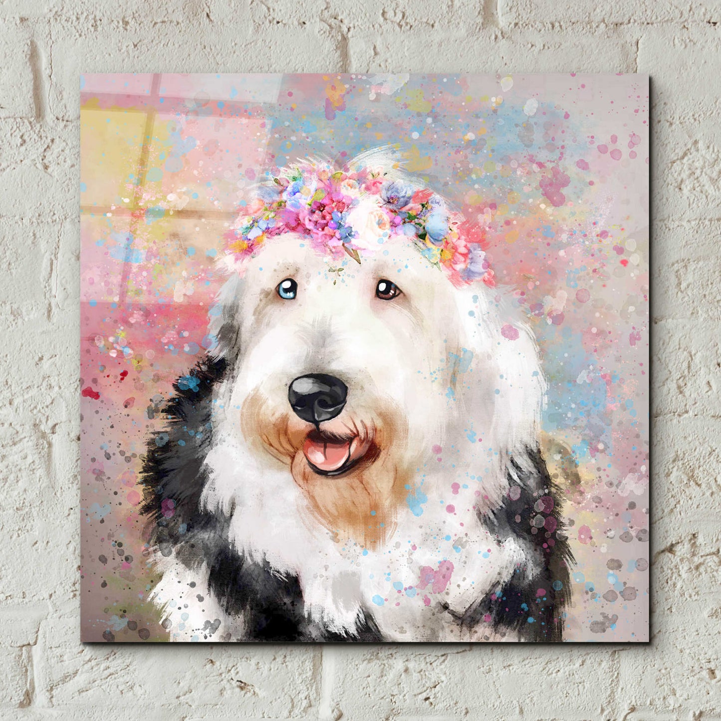 Epic Art 'Flower Crown Old English Sheepdog' by Furbaby Affiliates, Acrylic Glass Wall Art,12x12