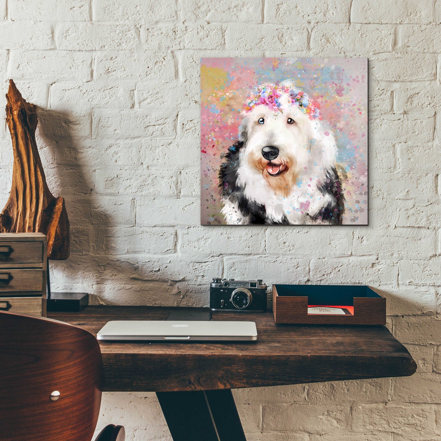 Epic Art 'Flower Crown Old English Sheepdog' by Furbaby Affiliates, Acrylic Glass Wall Art,12x12