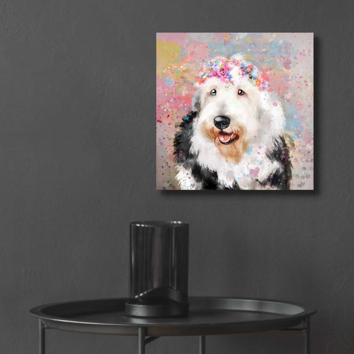 Epic Art 'Flower Crown Old English Sheepdog' by Furbaby Affiliates, Acrylic Glass Wall Art,12x12