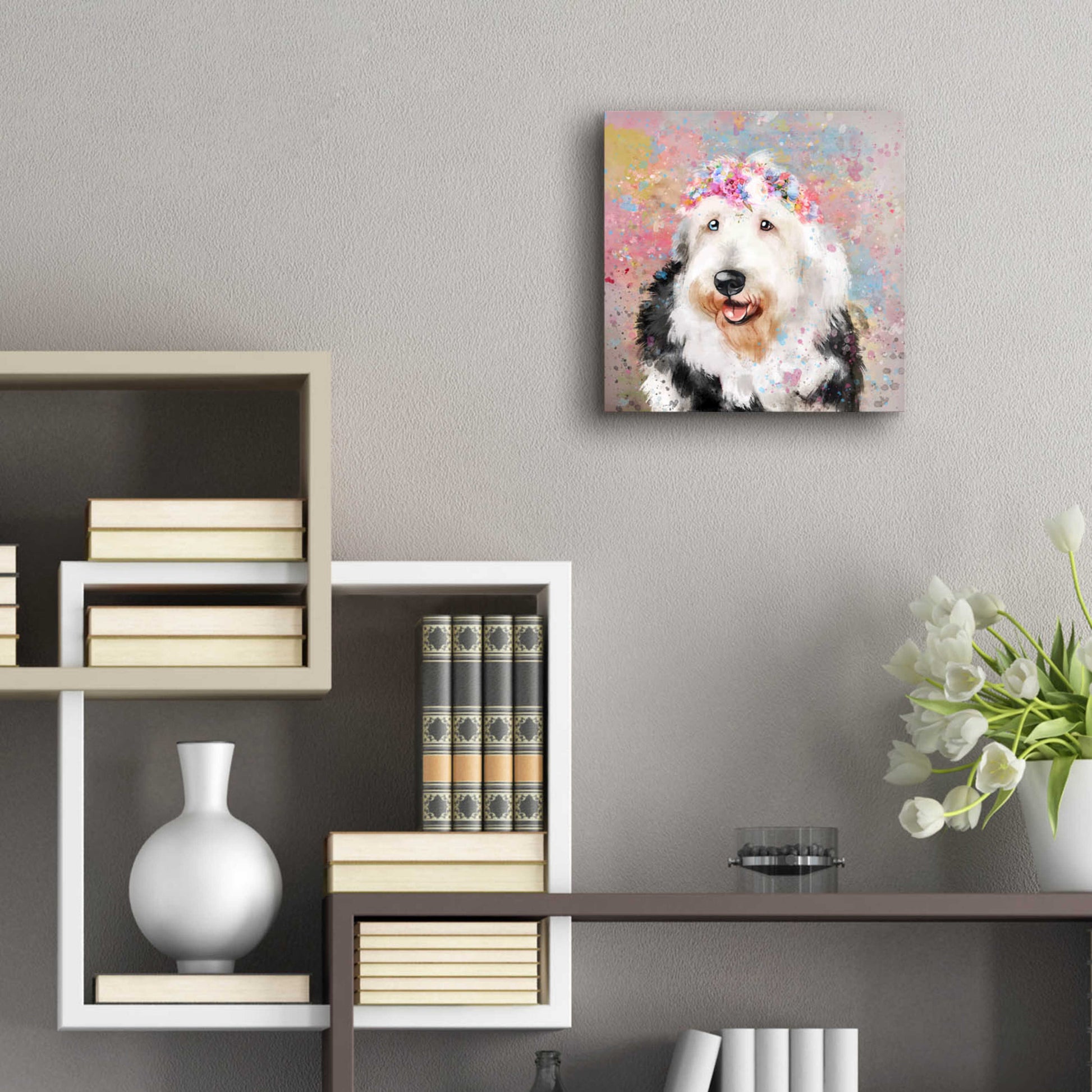 Epic Art 'Flower Crown Old English Sheepdog' by Furbaby Affiliates, Acrylic Glass Wall Art,12x12