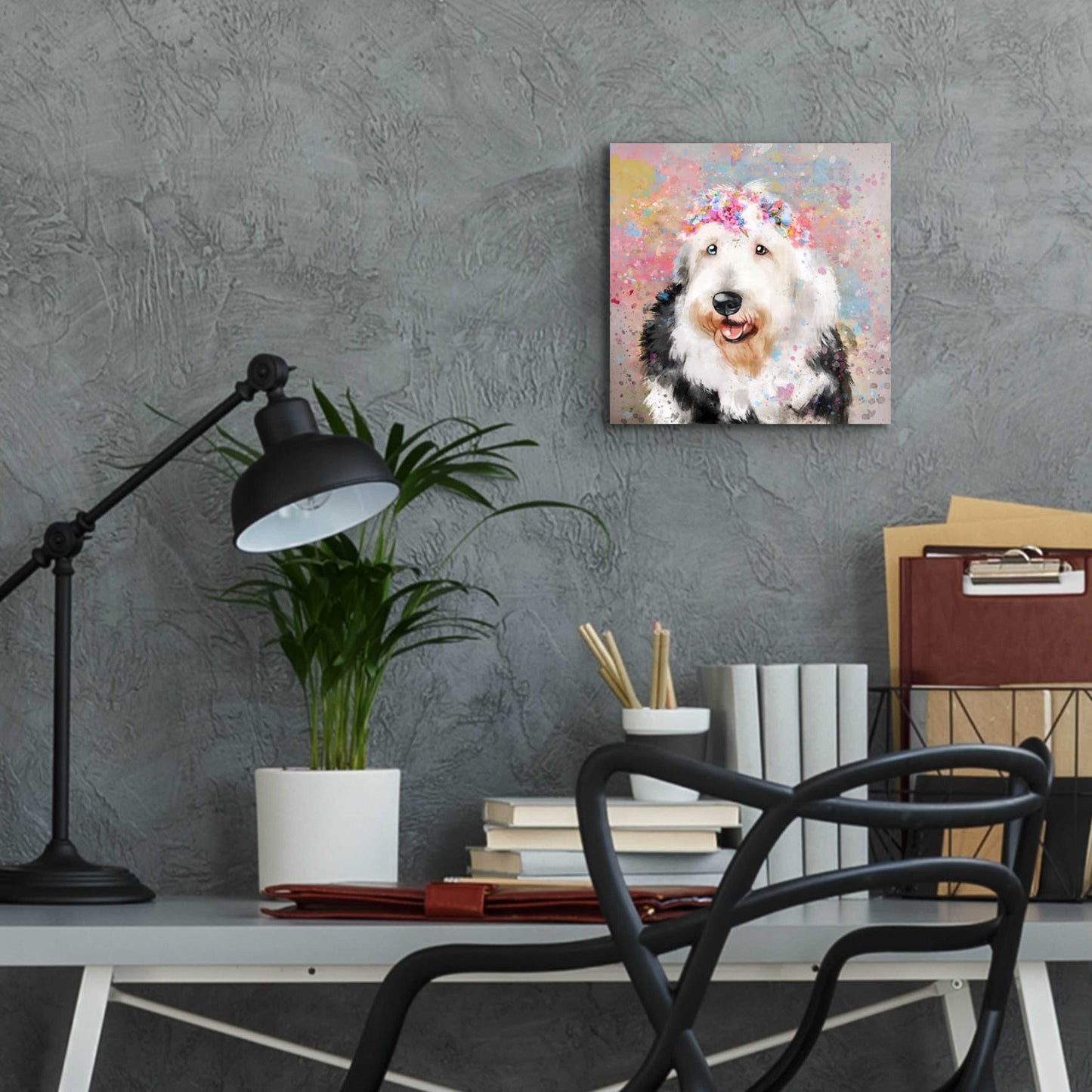 Epic Art 'Flower Crown Old English Sheepdog' by Furbaby Affiliates, Acrylic Glass Wall Art,12x12