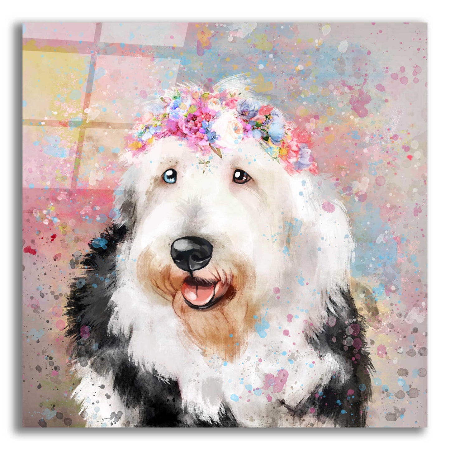 Epic Art 'Flower Crown Old English Sheepdog' by Furbaby Affiliates, Acrylic Glass Wall Art,12x12