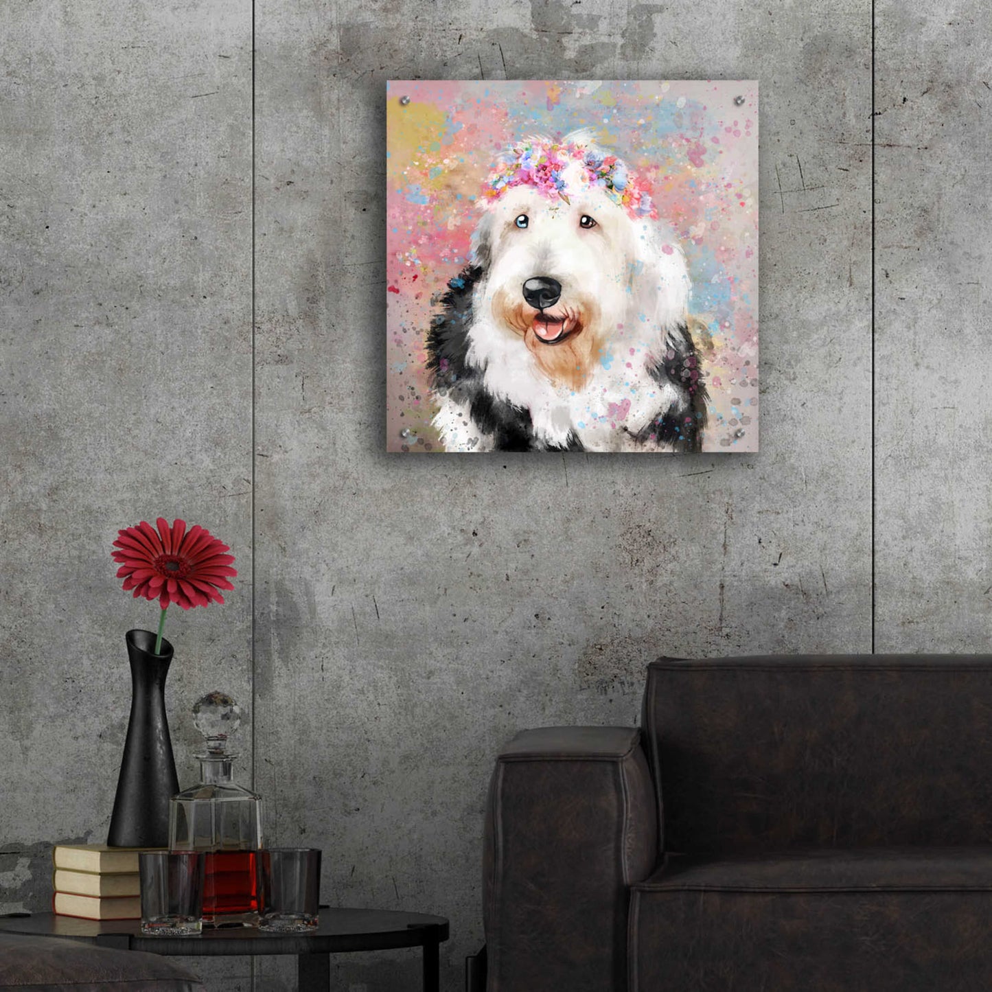 Epic Art 'Flower Crown Old English Sheepdog' by Furbaby Affiliates, Acrylic Glass Wall Art,24x24