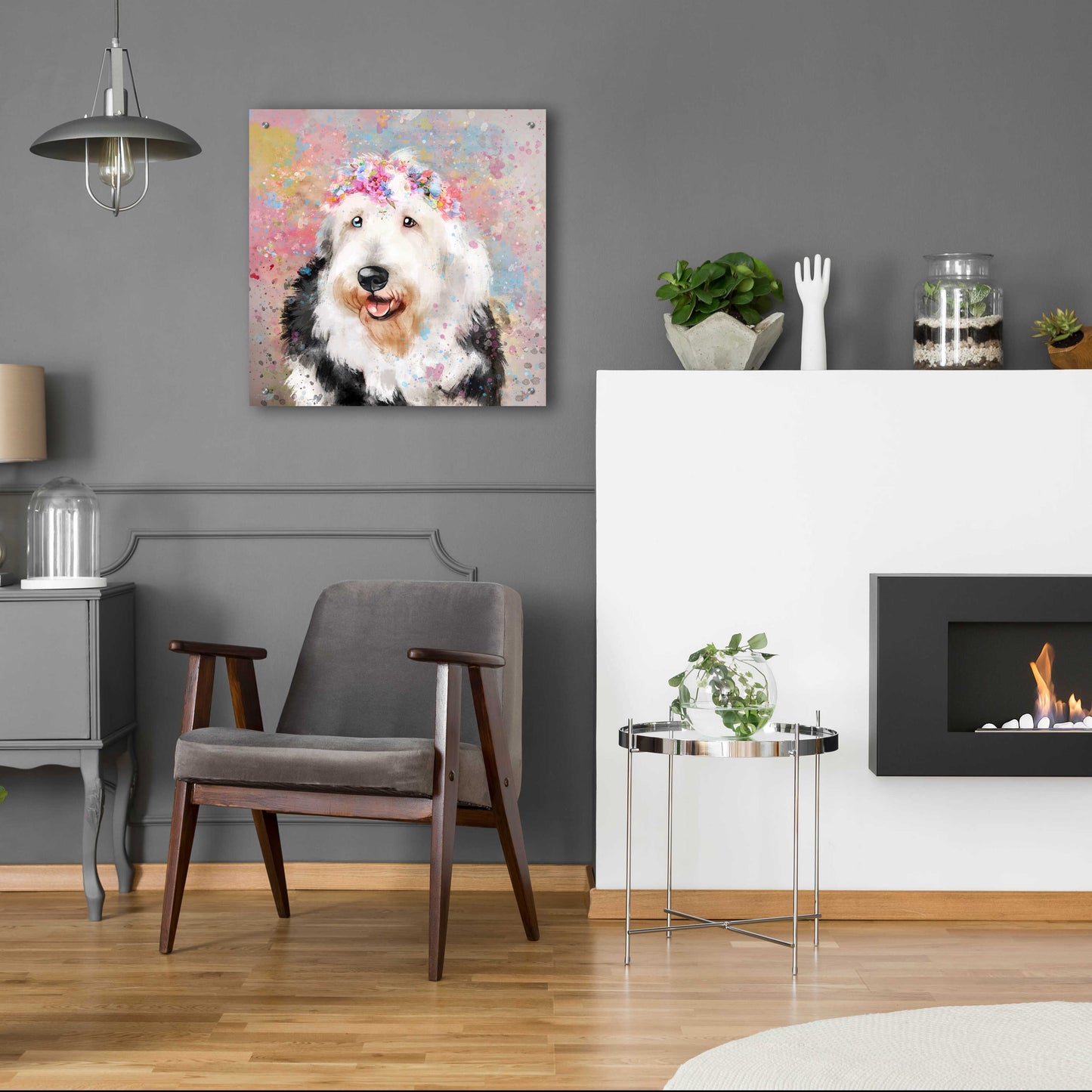 Epic Art 'Flower Crown Old English Sheepdog' by Furbaby Affiliates, Acrylic Glass Wall Art,24x24