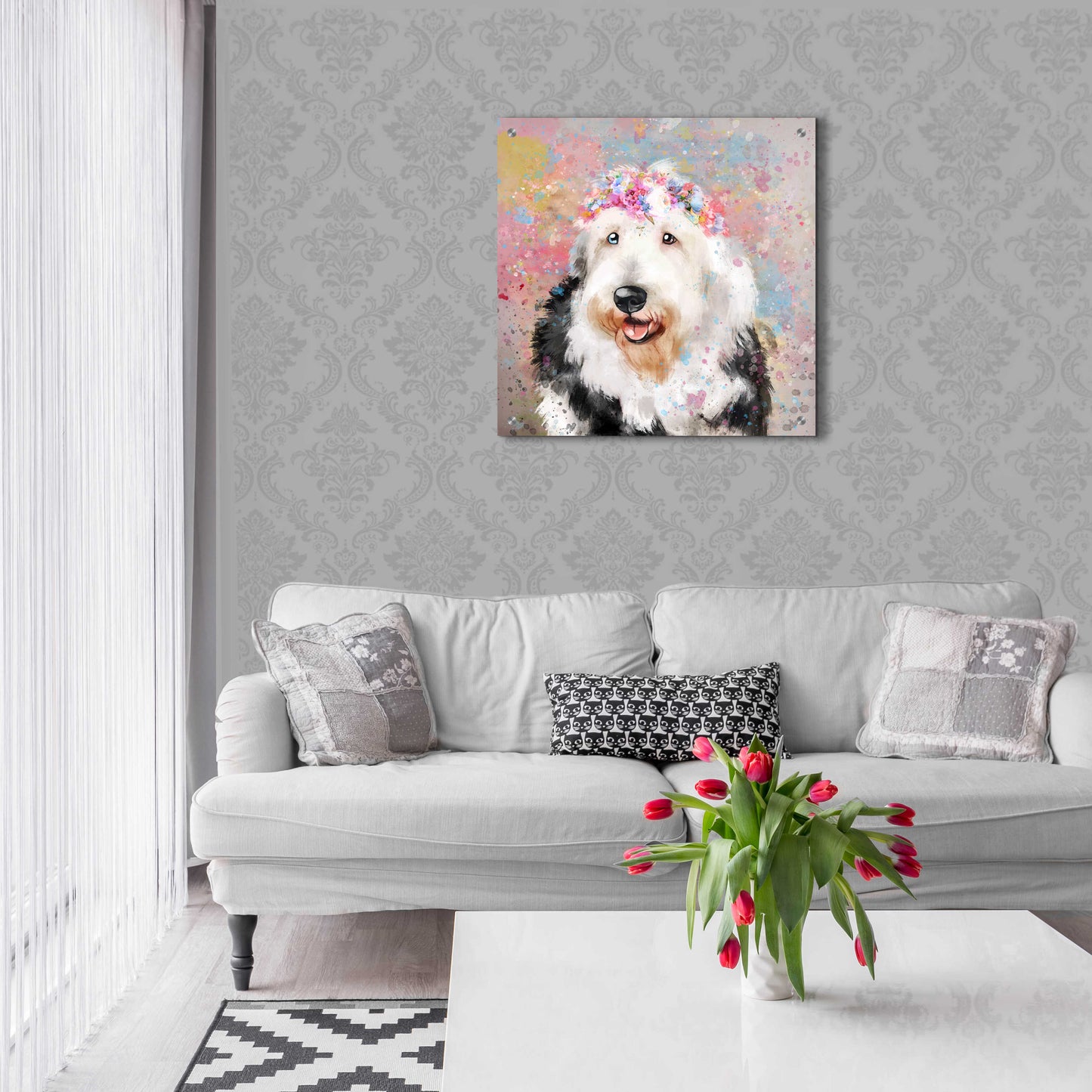 Epic Art 'Flower Crown Old English Sheepdog' by Furbaby Affiliates, Acrylic Glass Wall Art,24x24