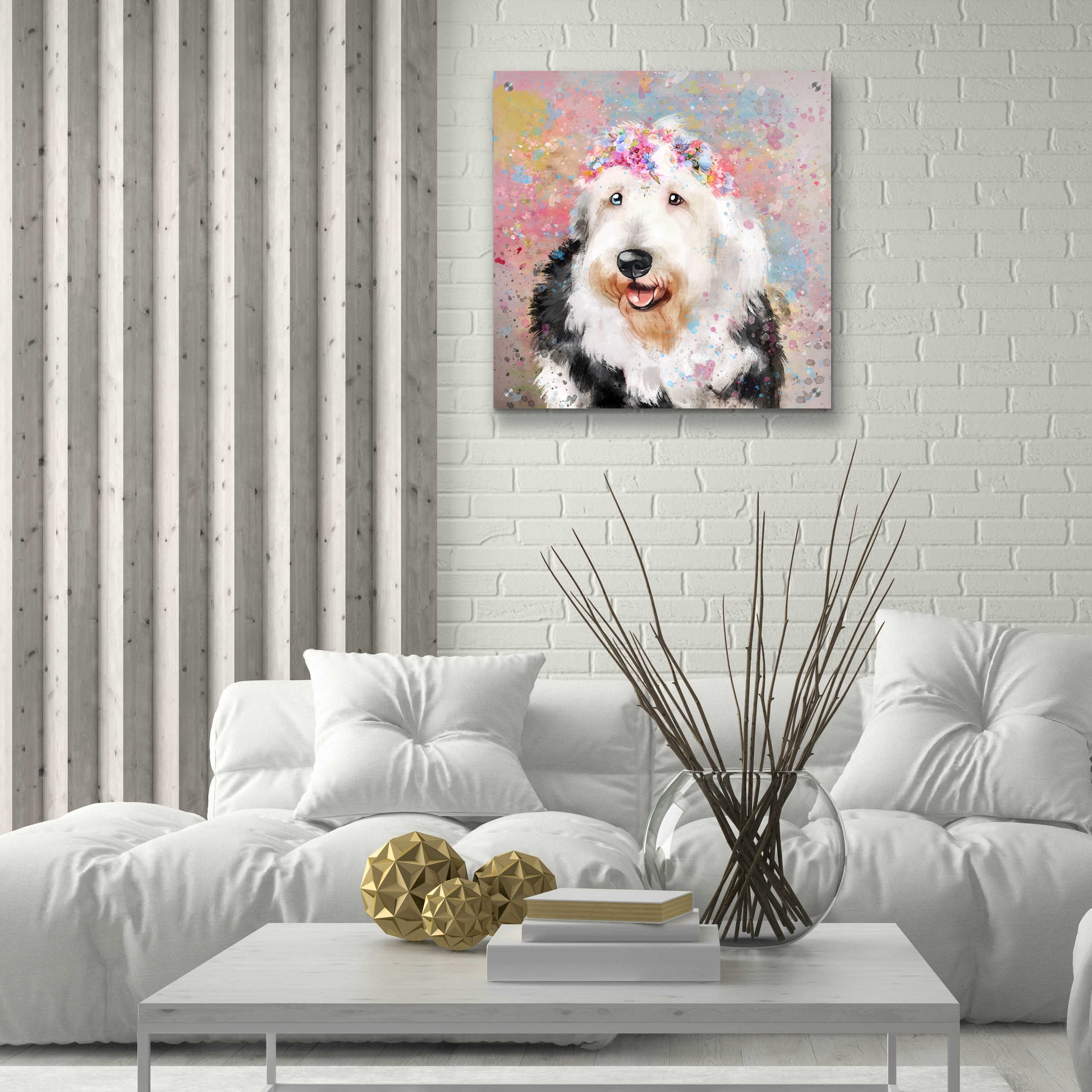 Epic Art 'Flower Crown Old English Sheepdog' by Furbaby Affiliates, Acrylic Glass Wall Art,24x24