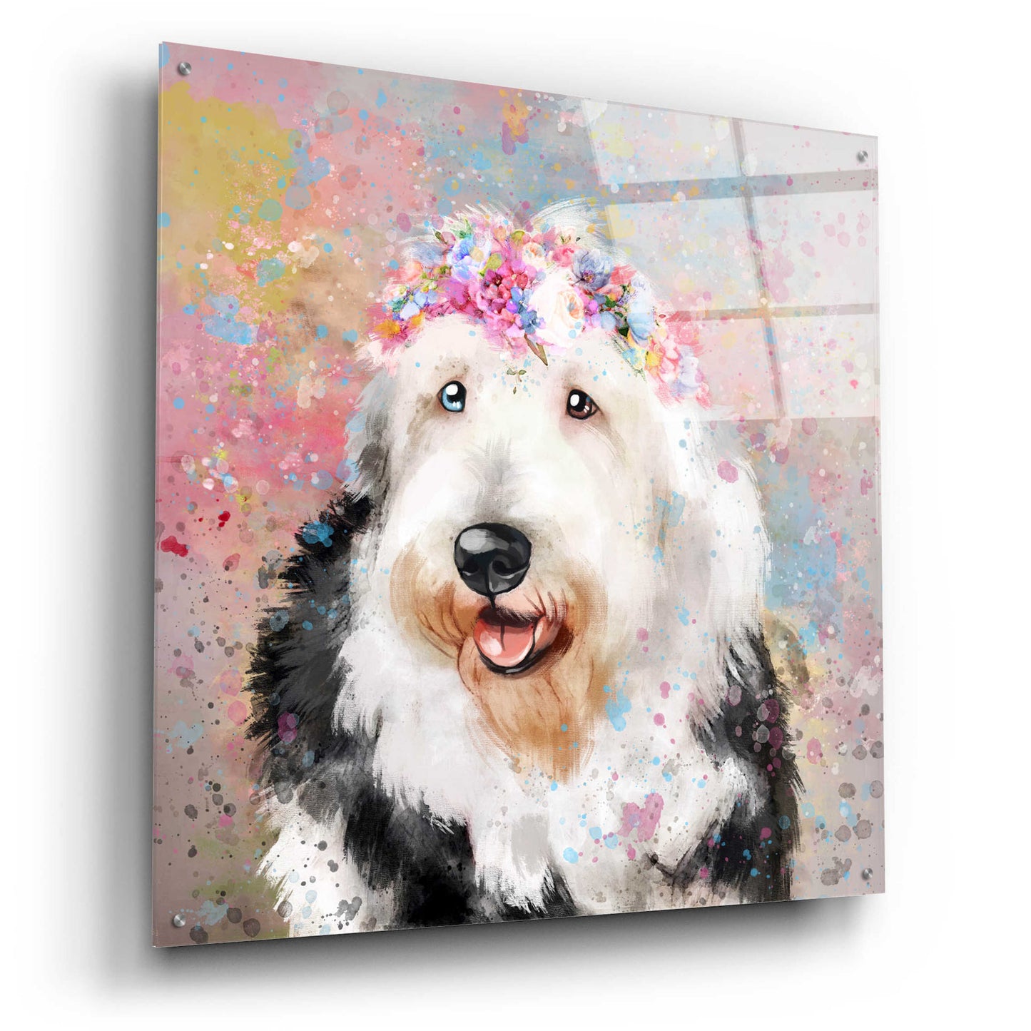 Epic Art 'Flower Crown Old English Sheepdog' by Furbaby Affiliates, Acrylic Glass Wall Art,36x36