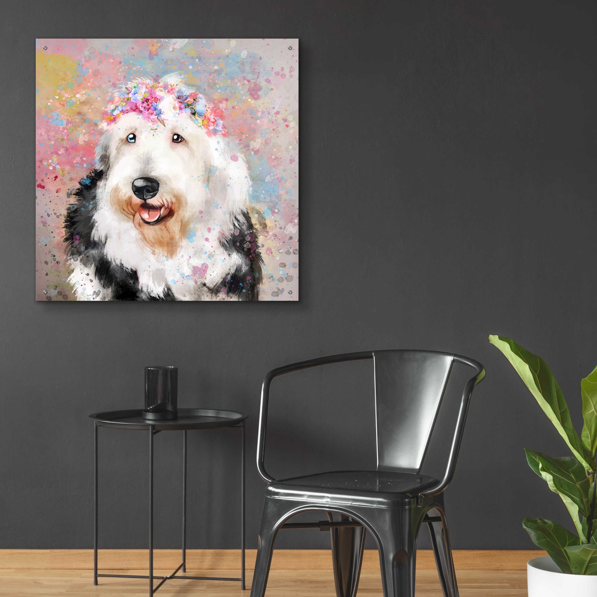 Epic Art 'Flower Crown Old English Sheepdog' by Furbaby Affiliates, Acrylic Glass Wall Art,36x36