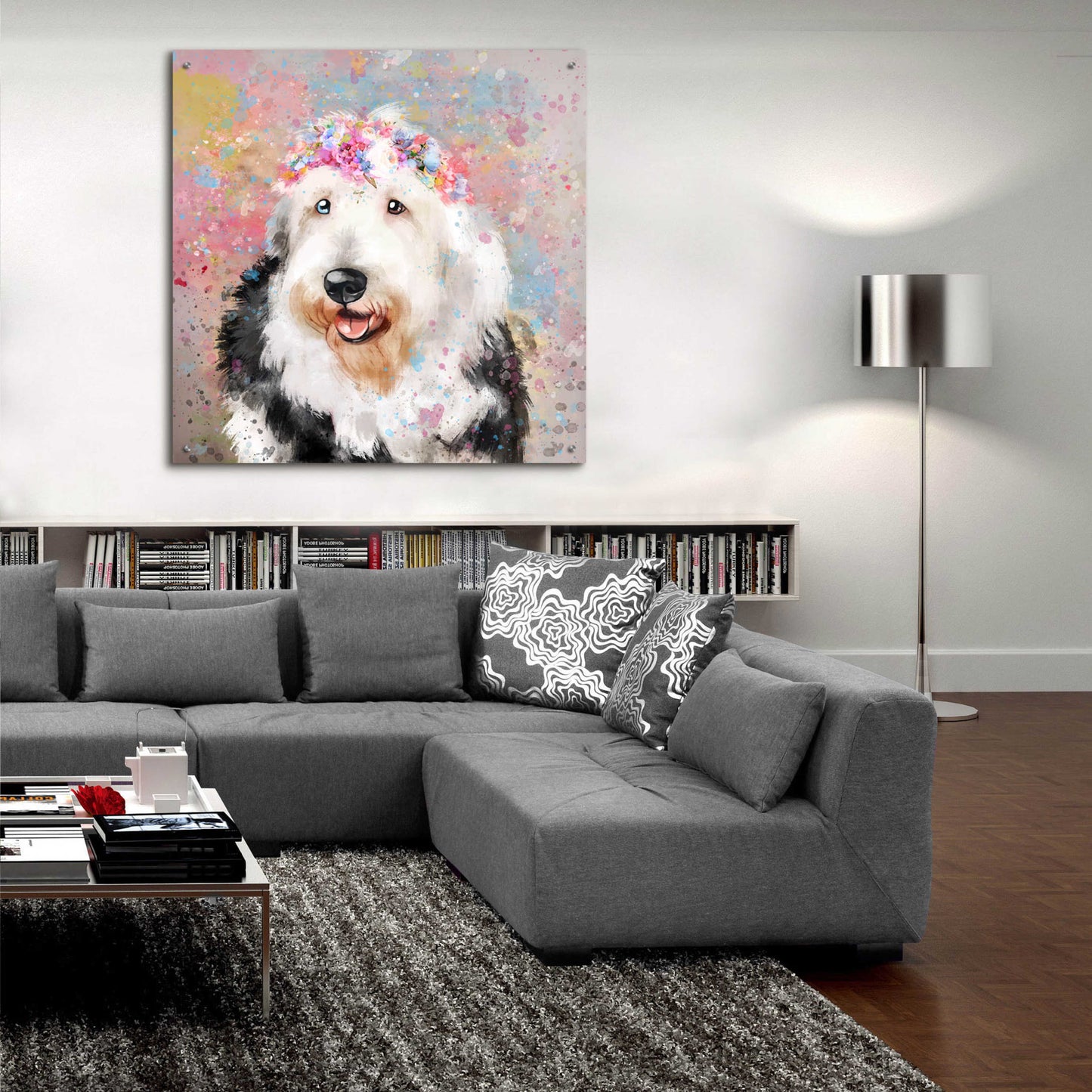 Epic Art 'Flower Crown Old English Sheepdog' by Furbaby Affiliates, Acrylic Glass Wall Art,36x36