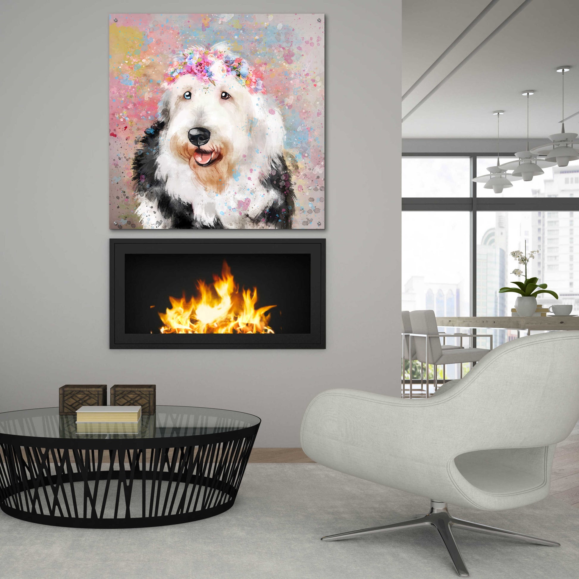 Epic Art 'Flower Crown Old English Sheepdog' by Furbaby Affiliates, Acrylic Glass Wall Art,36x36