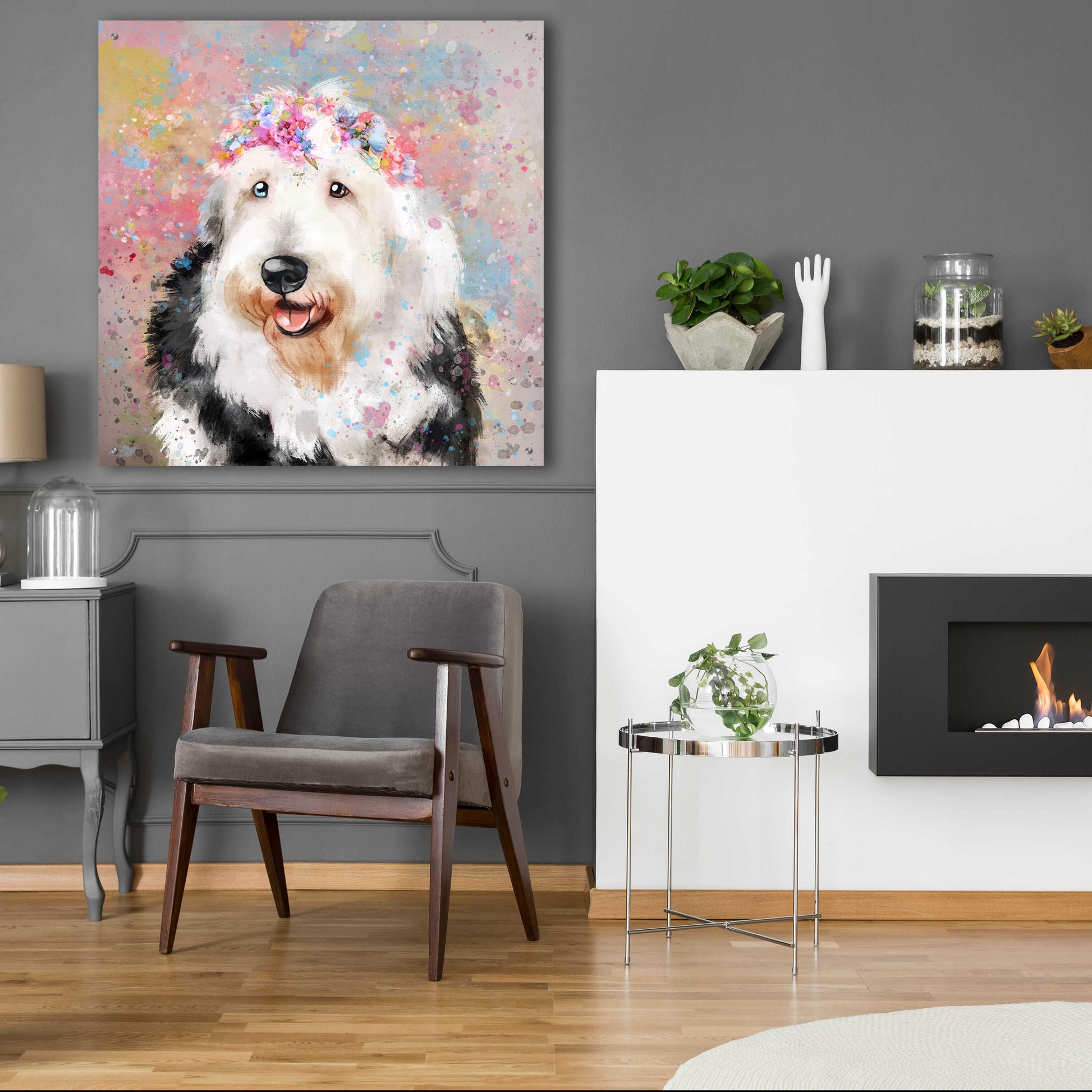 Epic Art 'Flower Crown Old English Sheepdog' by Furbaby Affiliates, Acrylic Glass Wall Art,36x36