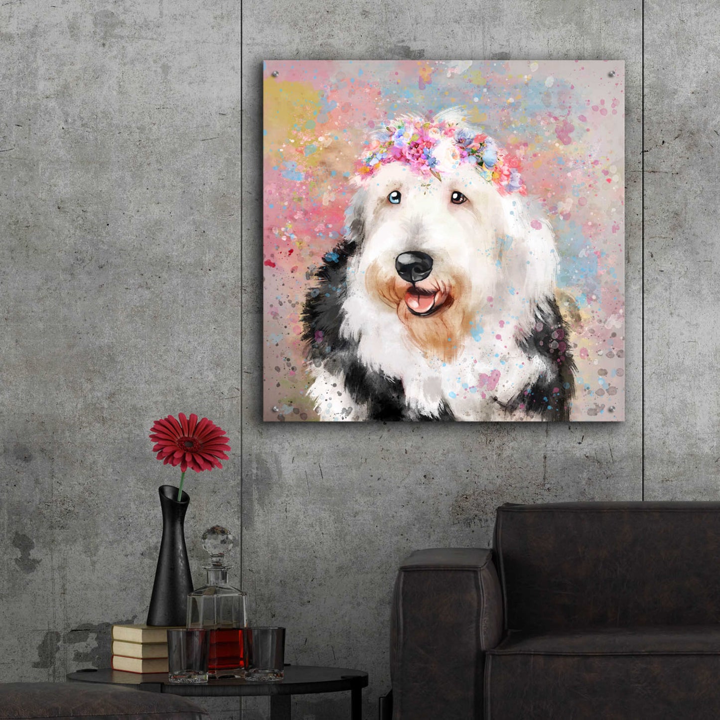 Epic Art 'Flower Crown Old English Sheepdog' by Furbaby Affiliates, Acrylic Glass Wall Art,36x36