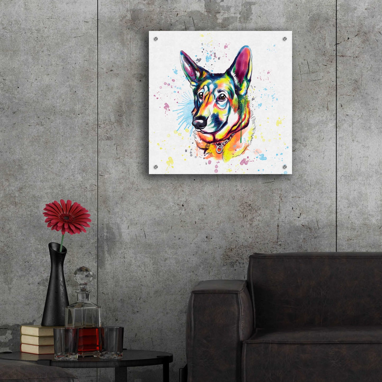 Epic Art 'Colorful Watercolor German Shepherd' by Furbaby Affiliates, Acrylic Glass Wall Art,24x24