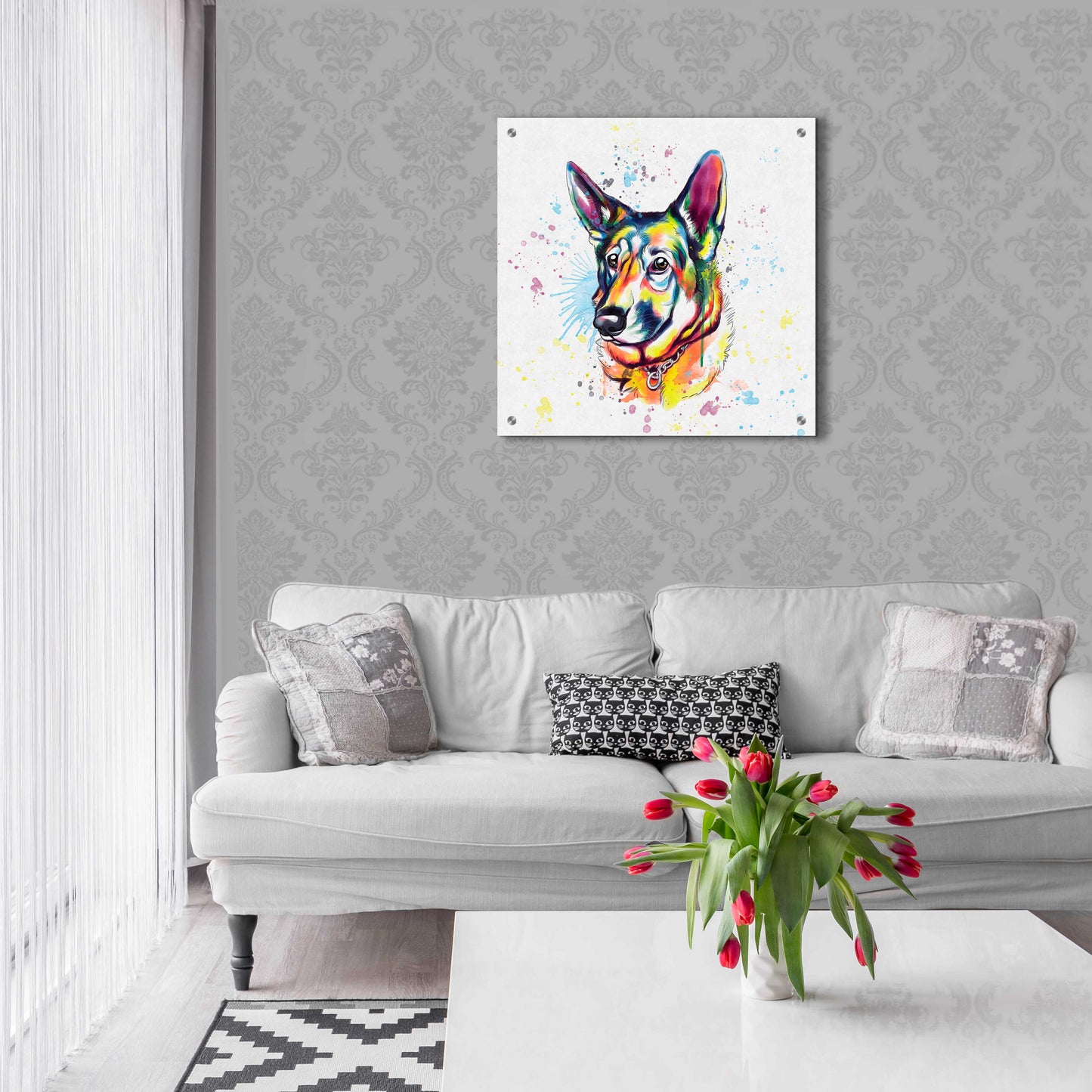 Epic Art 'Colorful Watercolor German Shepherd' by Furbaby Affiliates, Acrylic Glass Wall Art,24x24