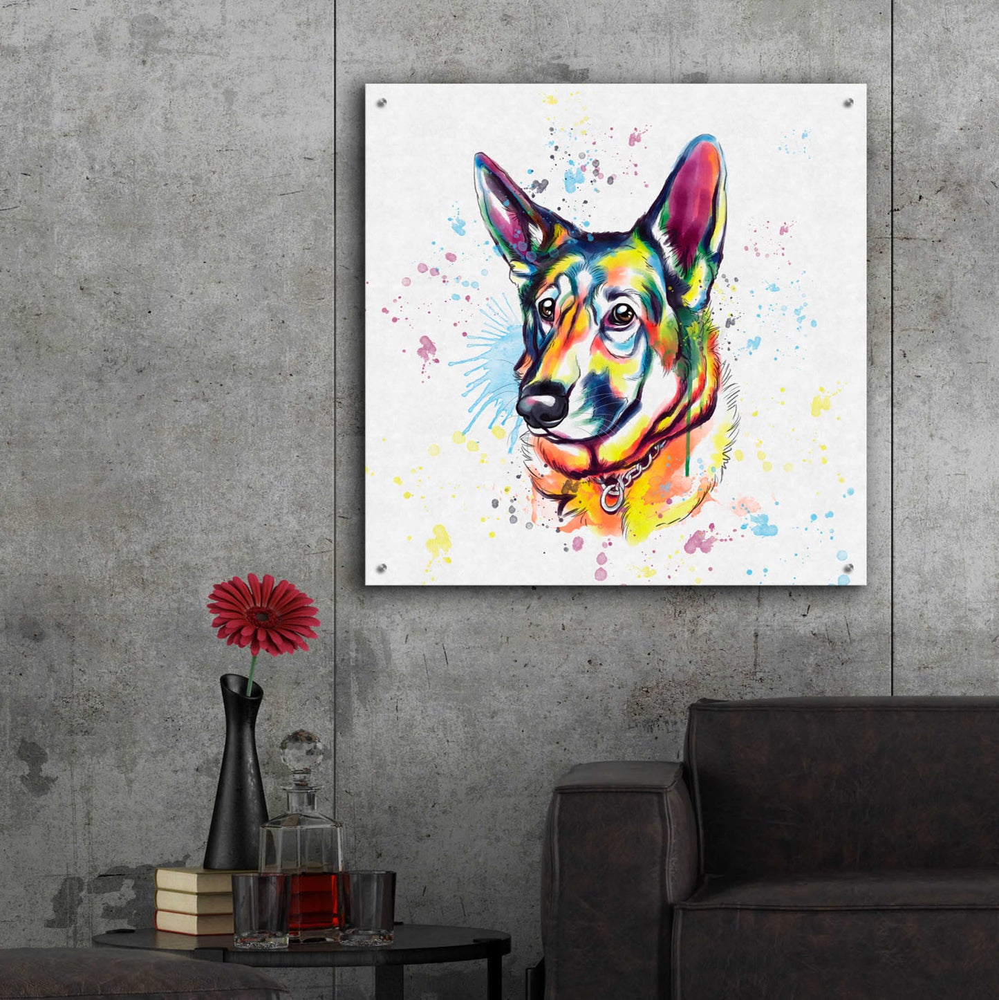 Epic Art 'Colorful Watercolor German Shepherd' by Furbaby Affiliates, Acrylic Glass Wall Art,36x36