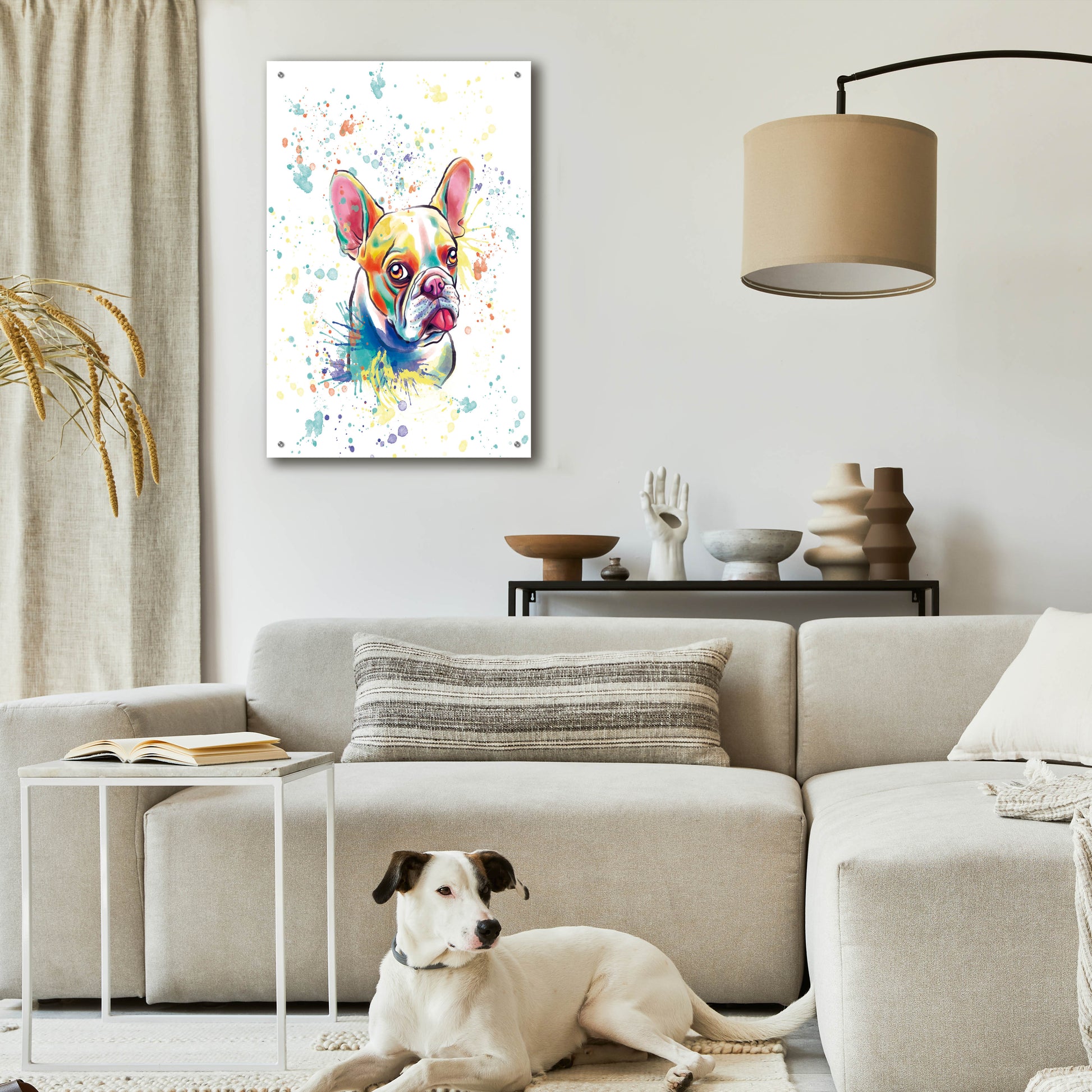 Epic Art 'Colorful Watercolor French Bulldog 2' by Furbaby Affiliates, Acrylic Glass Wall Art,24x36