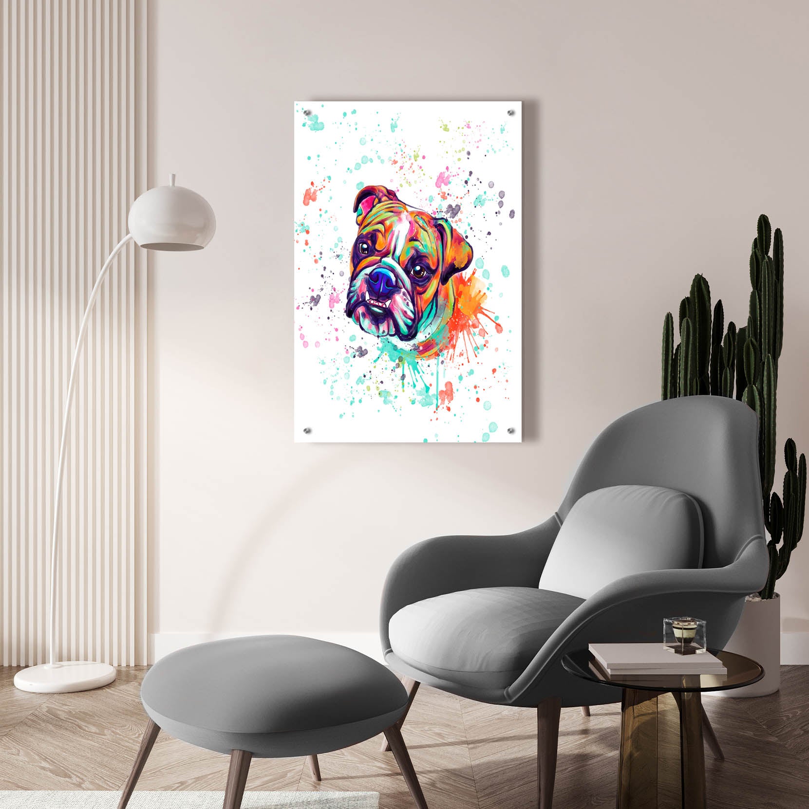 Epic Art 'Colorful Watercolor English Bulldog' by Furbaby Affiliates, Acrylic Glass Wall Art,24x36