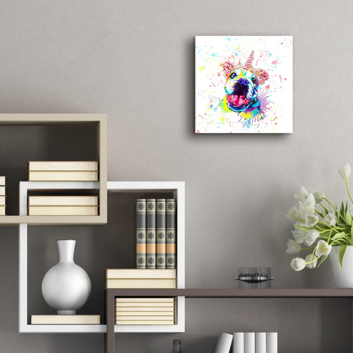 Epic Art 'Colorful Watercolor English Bulldog 2' by Furbaby Affiliates, Acrylic Glass Wall Art,12x12