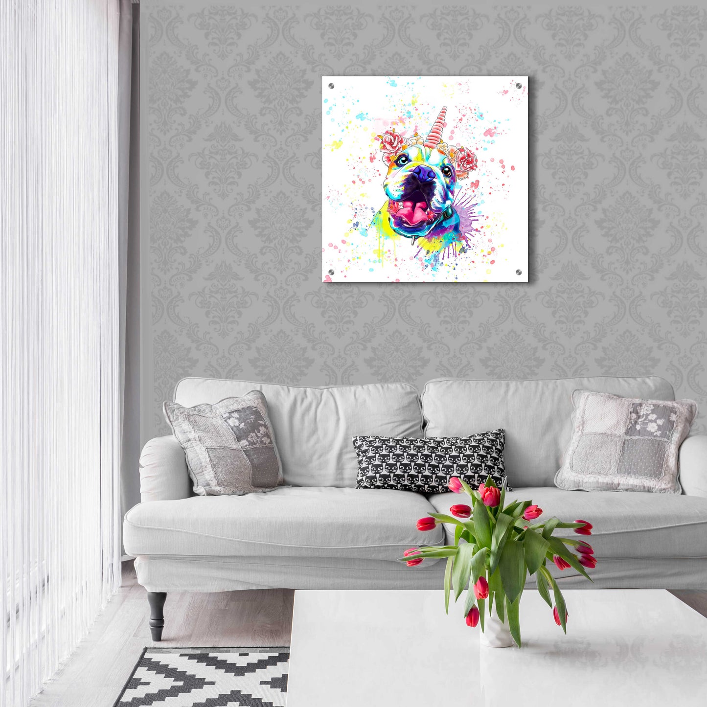 Epic Art 'Colorful Watercolor English Bulldog 2' by Furbaby Affiliates, Acrylic Glass Wall Art,24x24