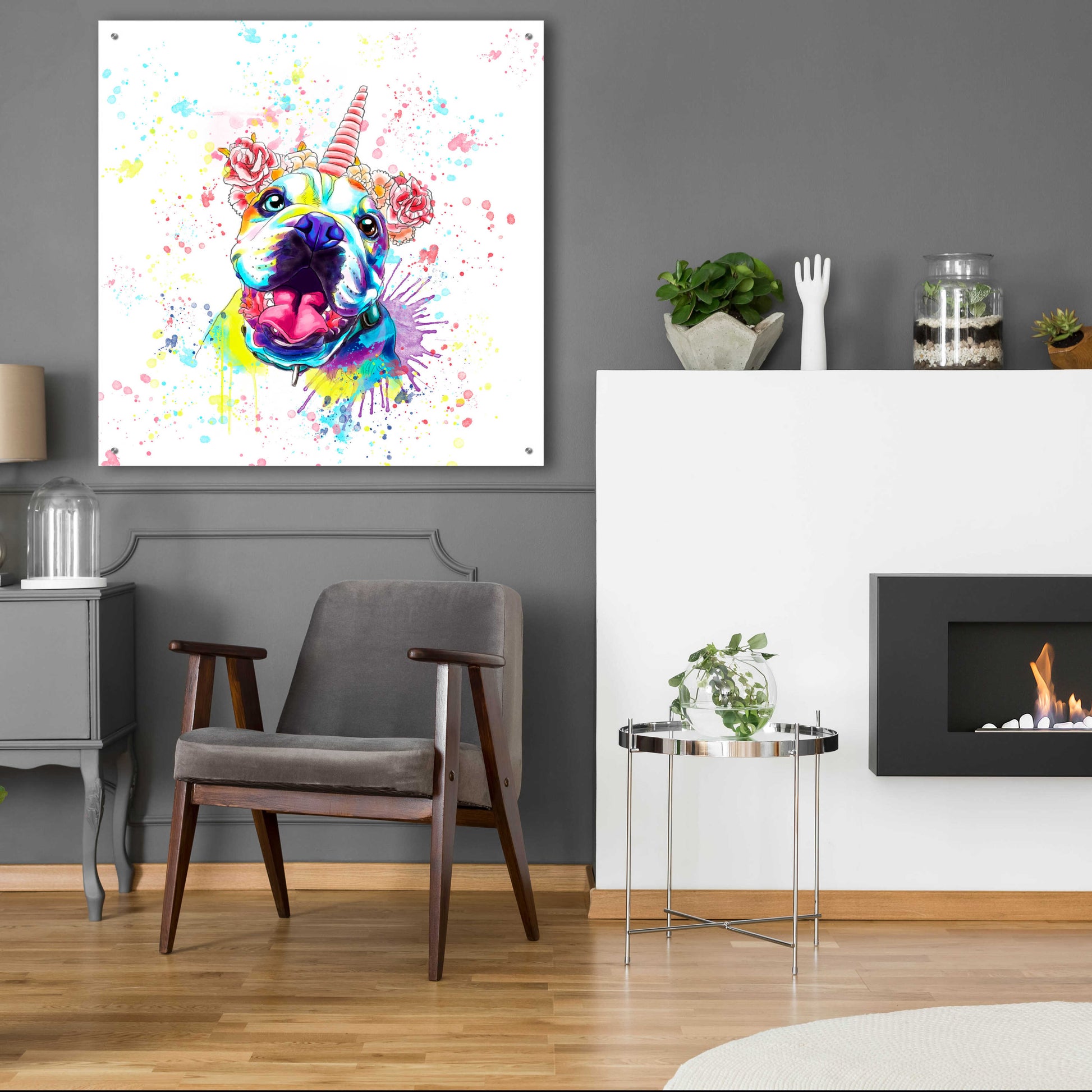 Epic Art 'Colorful Watercolor English Bulldog 2' by Furbaby Affiliates, Acrylic Glass Wall Art,36x36