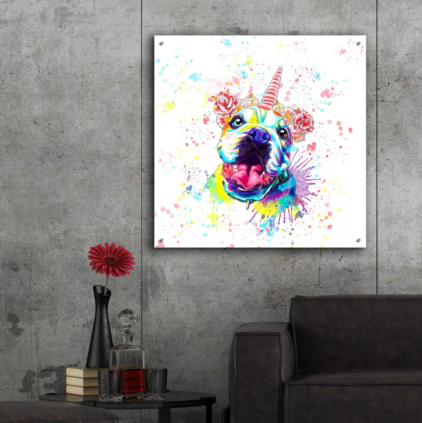 Epic Art 'Colorful Watercolor English Bulldog 2' by Furbaby Affiliates, Acrylic Glass Wall Art,36x36