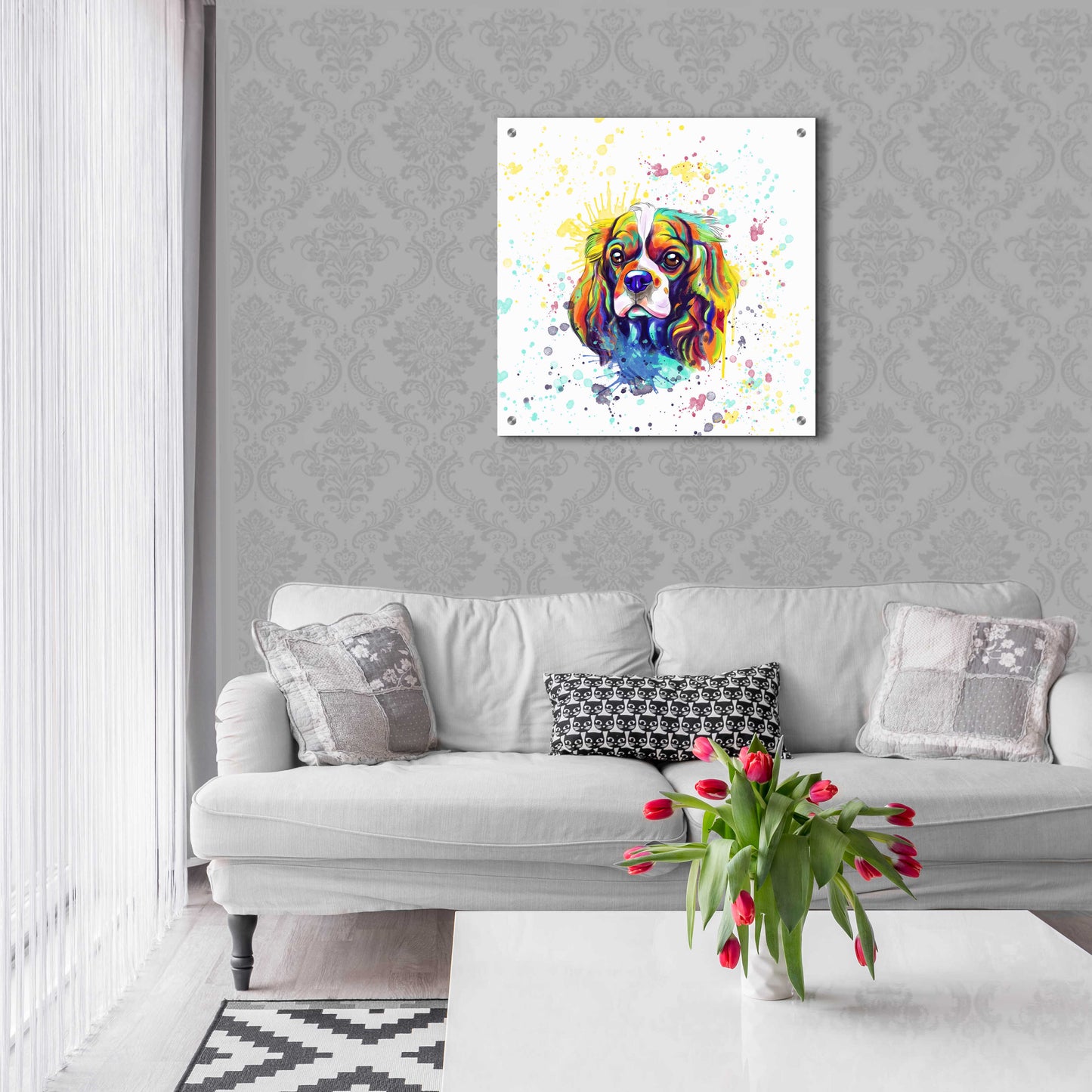 Epic Art 'Colorful Watercolor Cavalier King Charles Spaniel' by Furbaby Affiliates, Acrylic Glass Wall Art,24x24