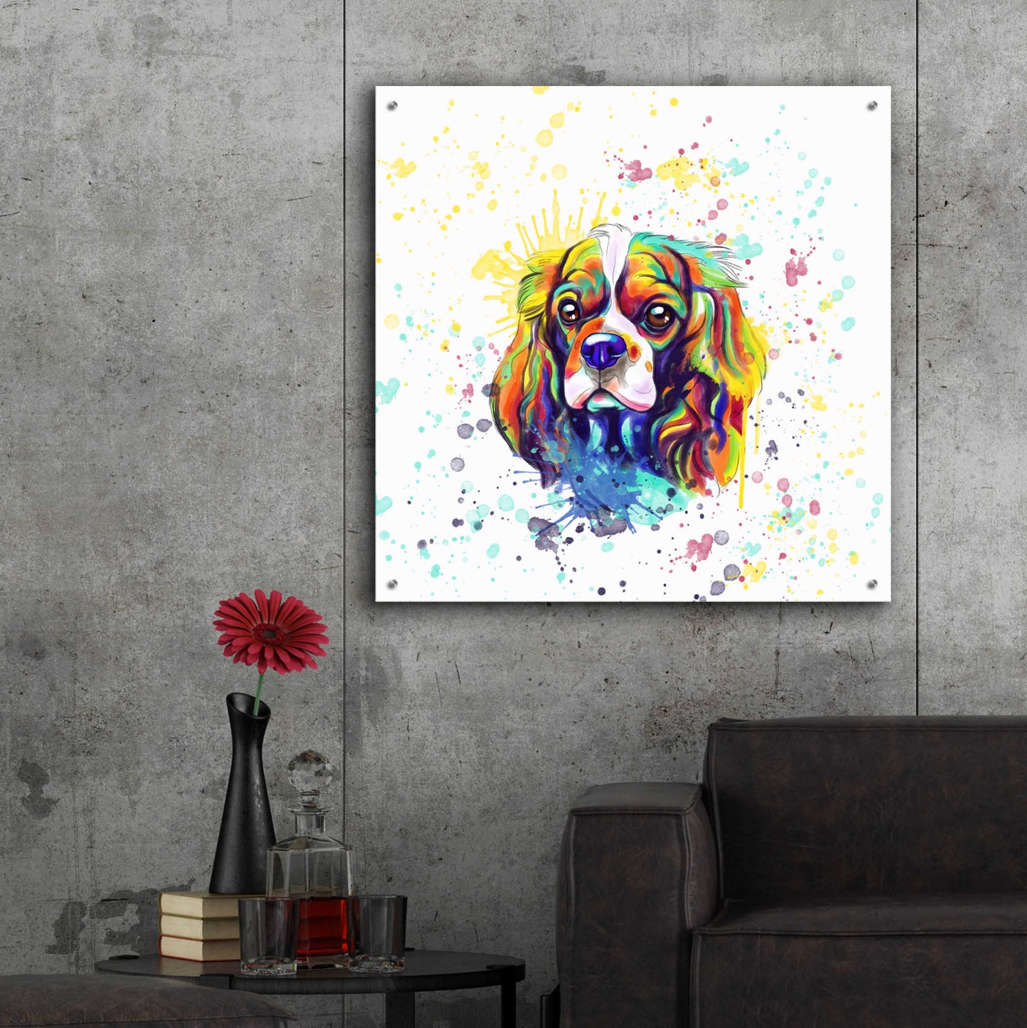 Epic Art 'Colorful Watercolor Cavalier King Charles Spaniel' by Furbaby Affiliates, Acrylic Glass Wall Art,36x36