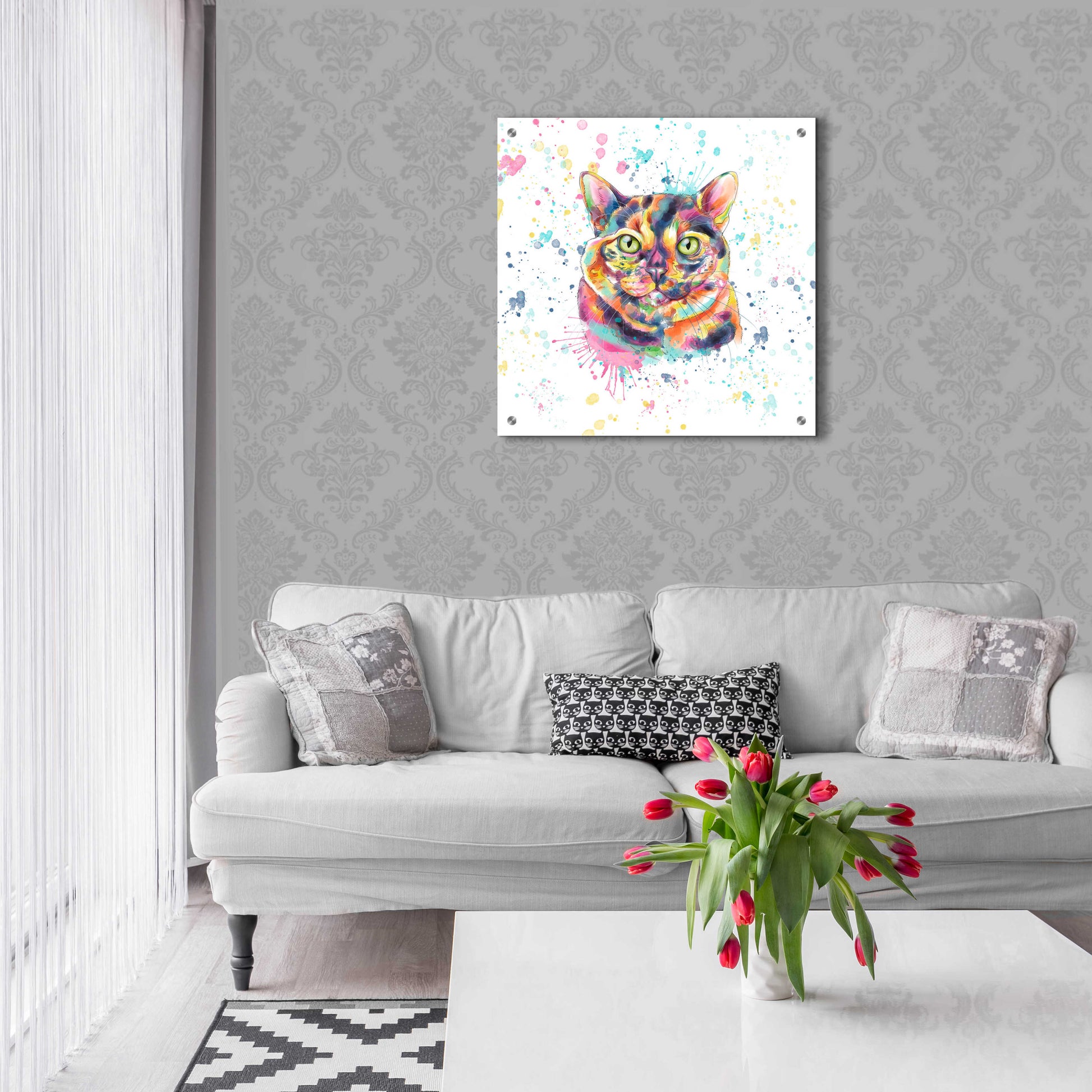 Epic Art 'Colorful Watercolor Calico Cat' by Furbaby Affiliates, Acrylic Glass Wall Art,24x24