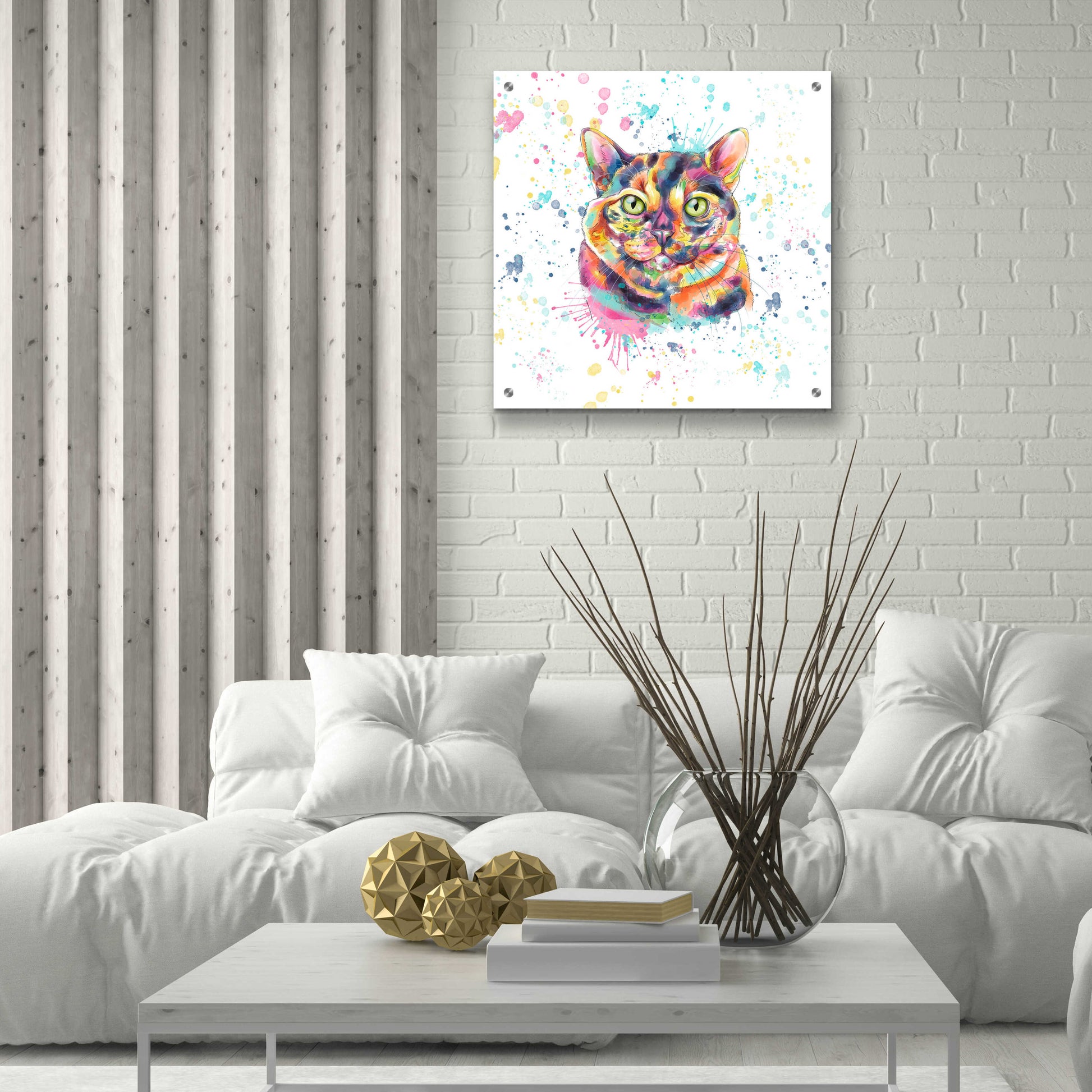 Epic Art 'Colorful Watercolor Calico Cat' by Furbaby Affiliates, Acrylic Glass Wall Art,24x24