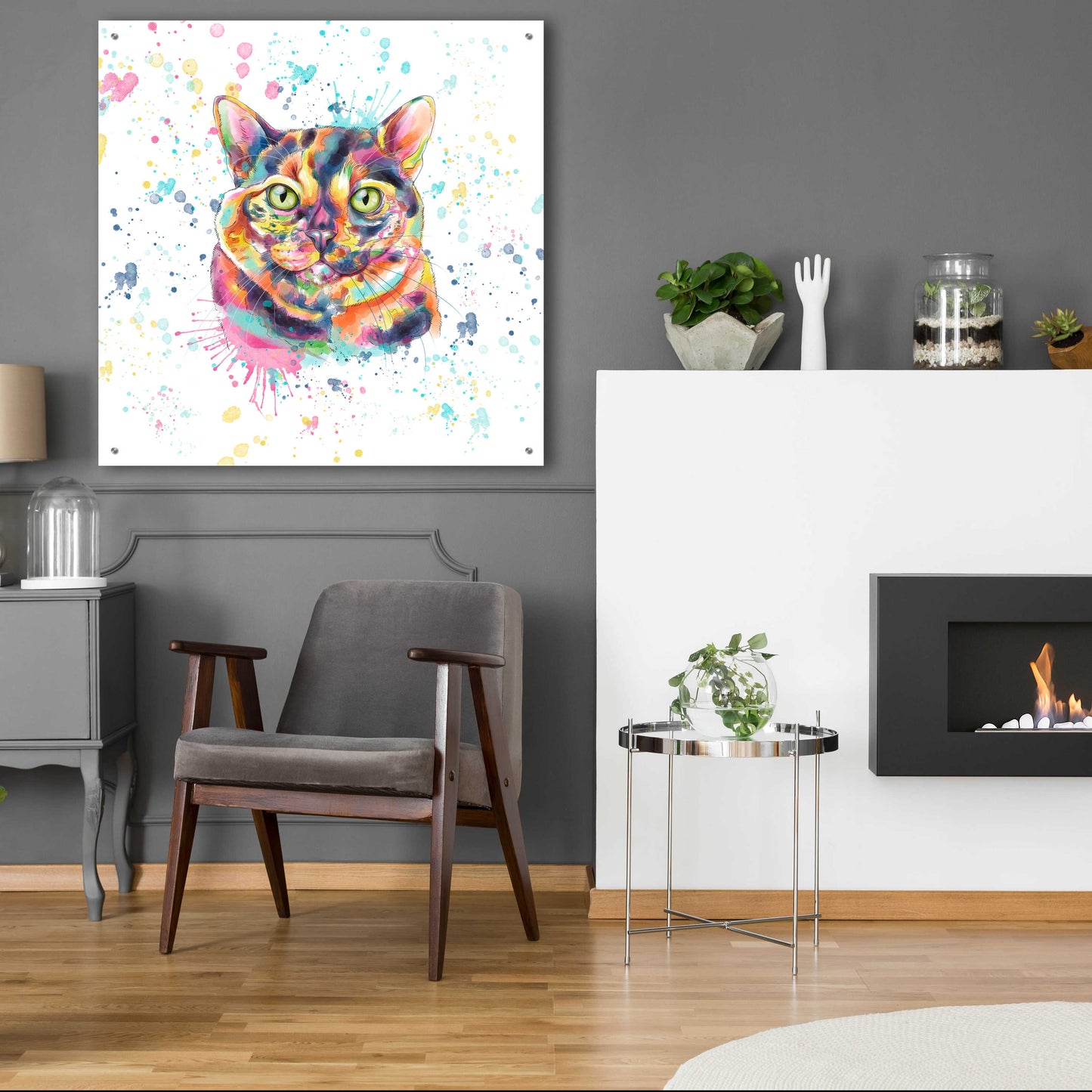 Epic Art 'Colorful Watercolor Calico Cat' by Furbaby Affiliates, Acrylic Glass Wall Art,36x36