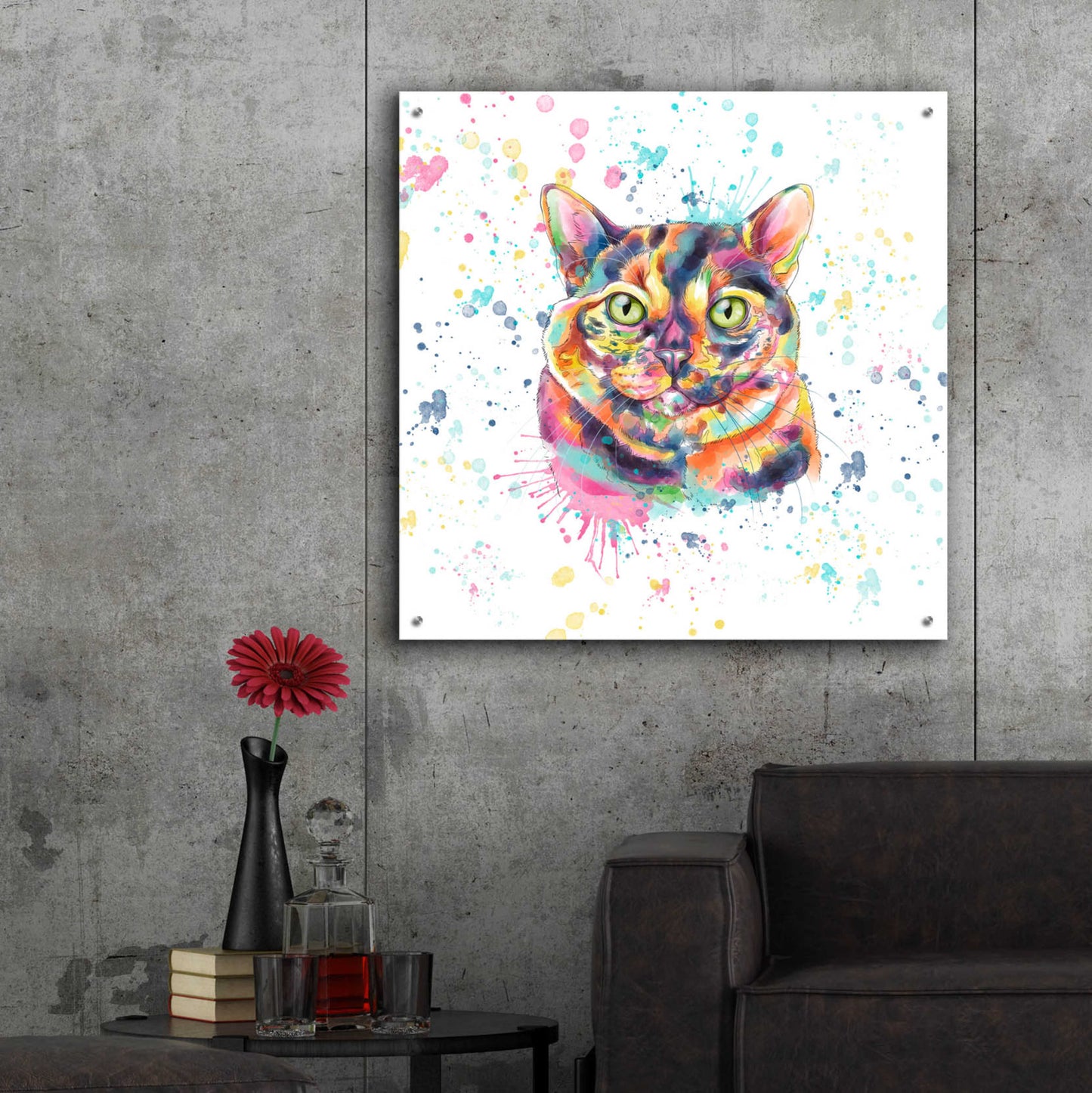 Epic Art 'Colorful Watercolor Calico Cat' by Furbaby Affiliates, Acrylic Glass Wall Art,36x36