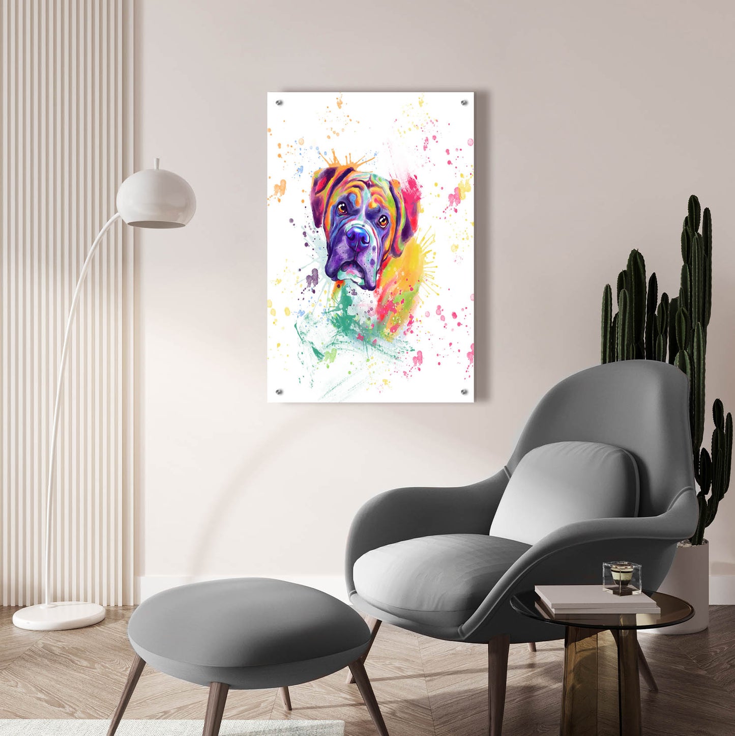 Epic Art 'Colorful Watercolor Boxer' by Furbaby Affiliates, Acrylic Glass Wall Art,24x36