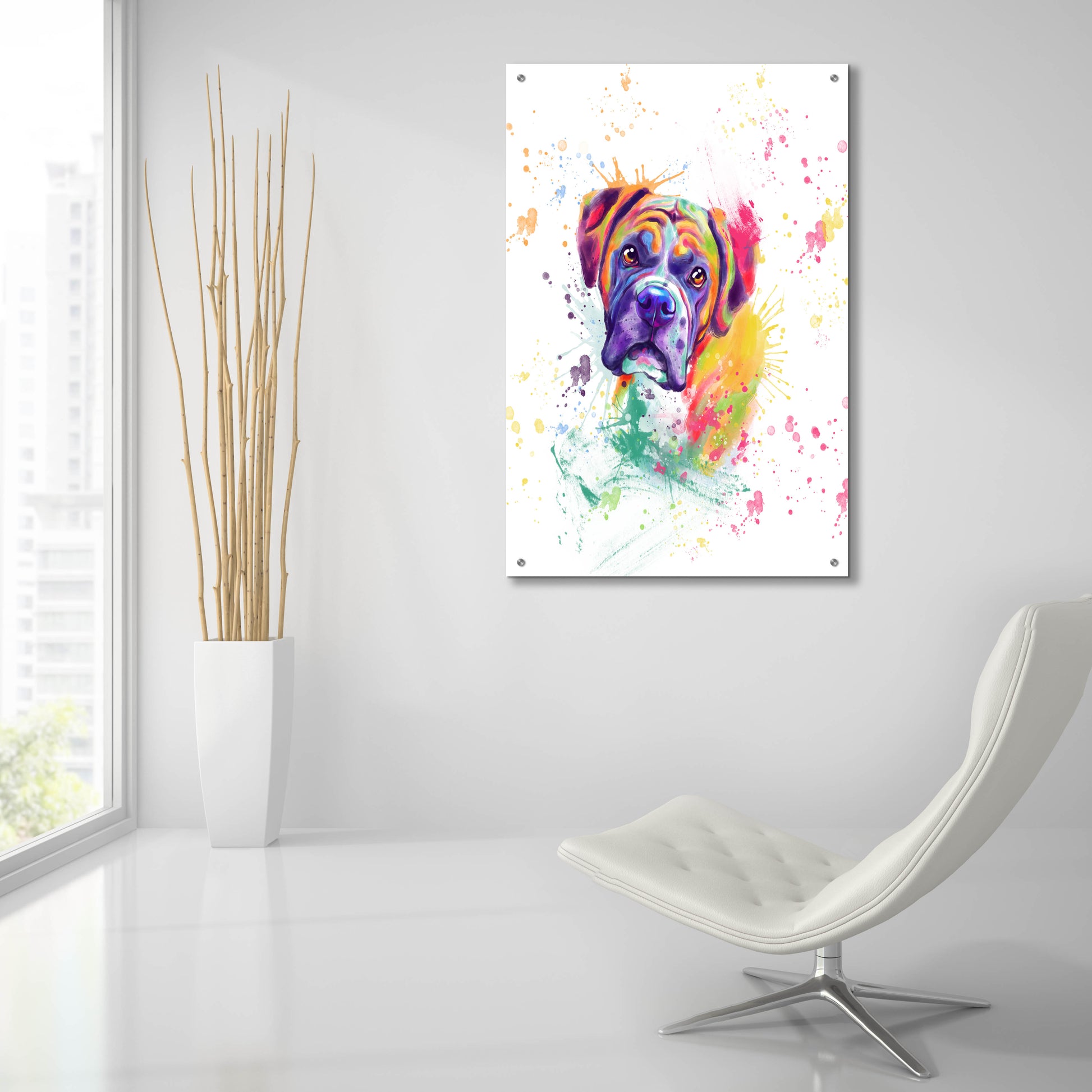 Epic Art 'Colorful Watercolor Boxer' by Furbaby Affiliates, Acrylic Glass Wall Art,24x36