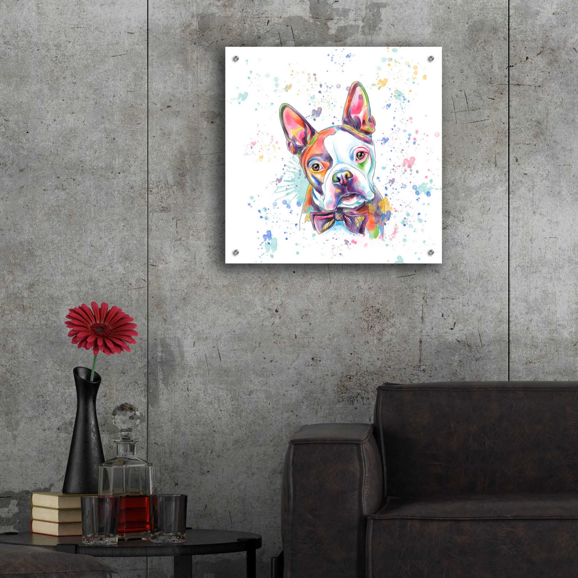 Epic Art 'Colorful Watercolor Boston Terrier' by Furbaby Affiliates, Acrylic Glass Wall Art,24x24