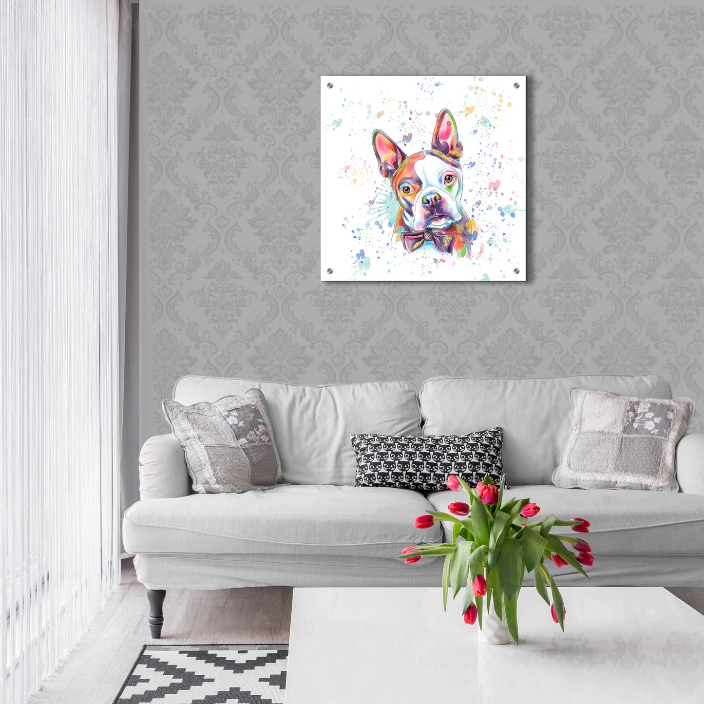 Epic Art 'Colorful Watercolor Boston Terrier' by Furbaby Affiliates, Acrylic Glass Wall Art,24x24