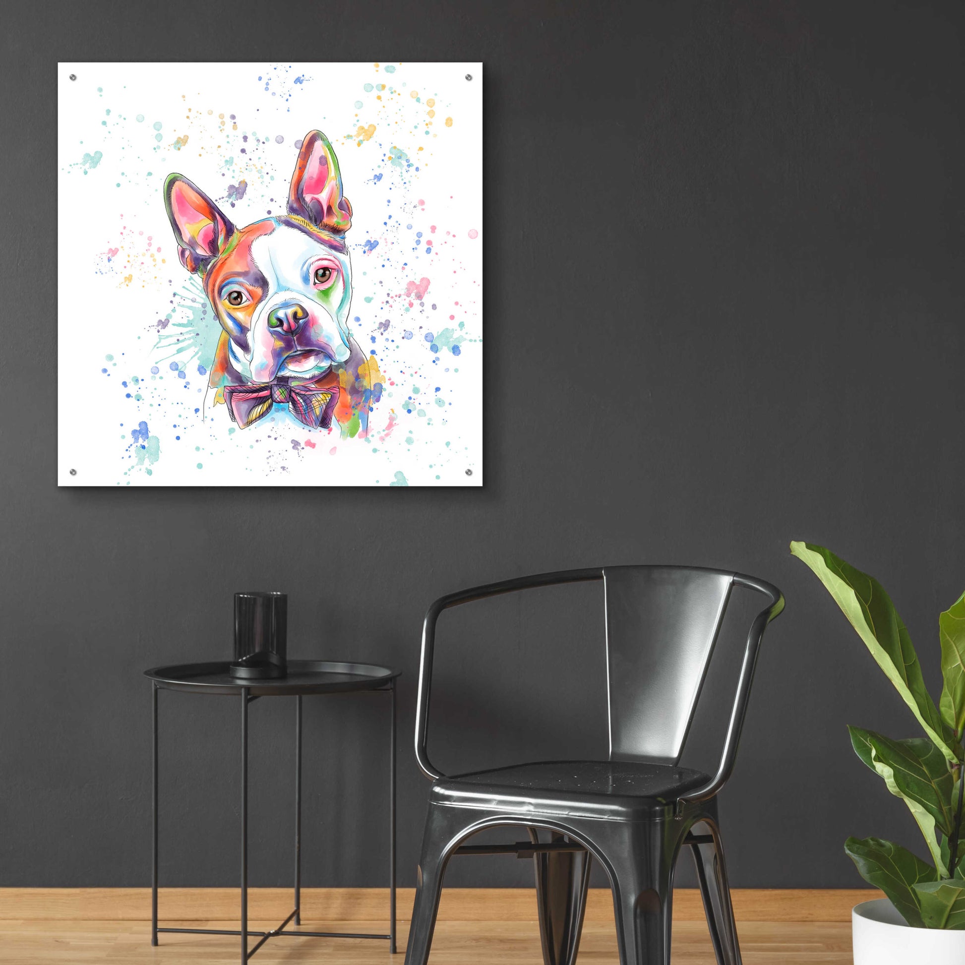 Epic Art 'Colorful Watercolor Boston Terrier' by Furbaby Affiliates, Acrylic Glass Wall Art,36x36