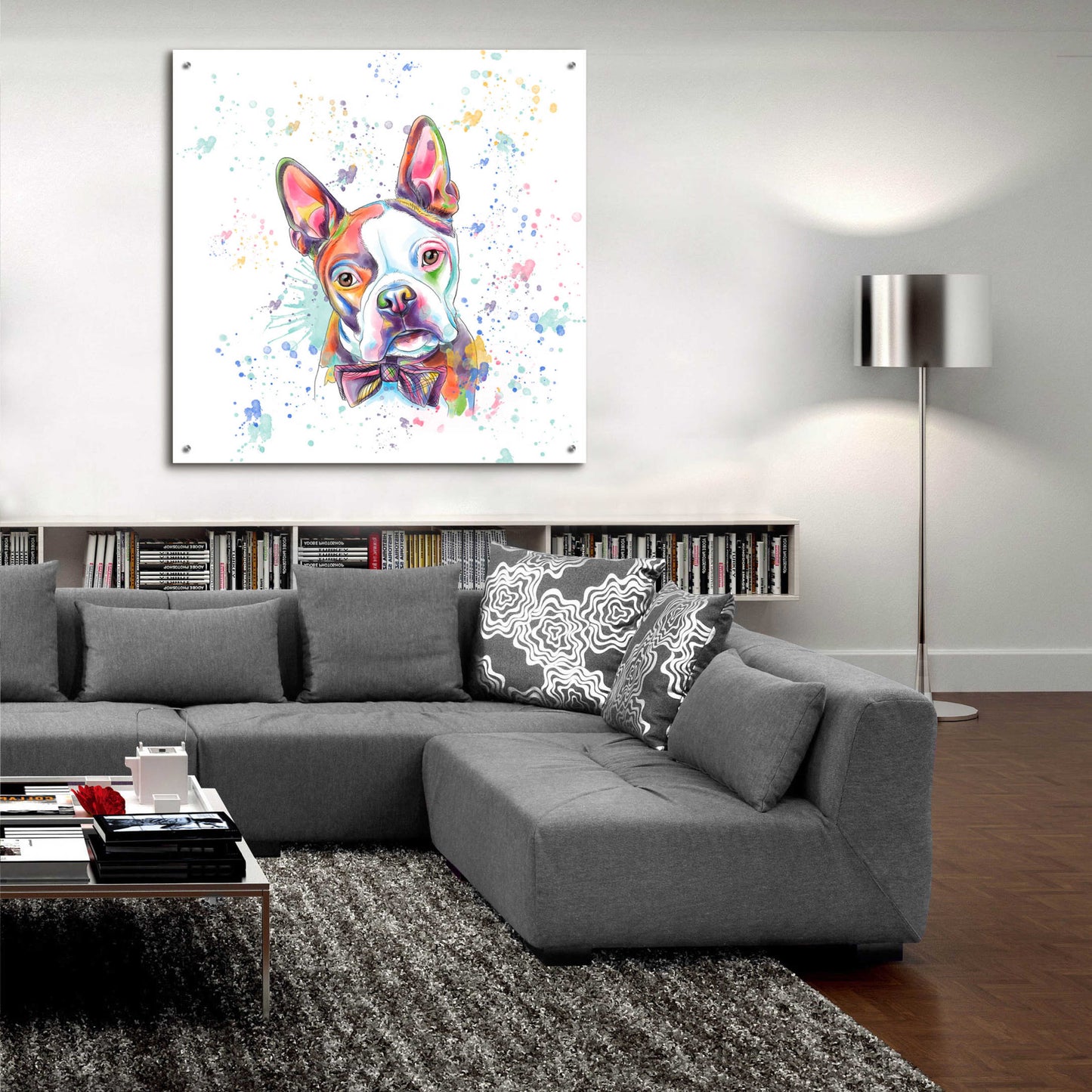 Epic Art 'Colorful Watercolor Boston Terrier' by Furbaby Affiliates, Acrylic Glass Wall Art,36x36